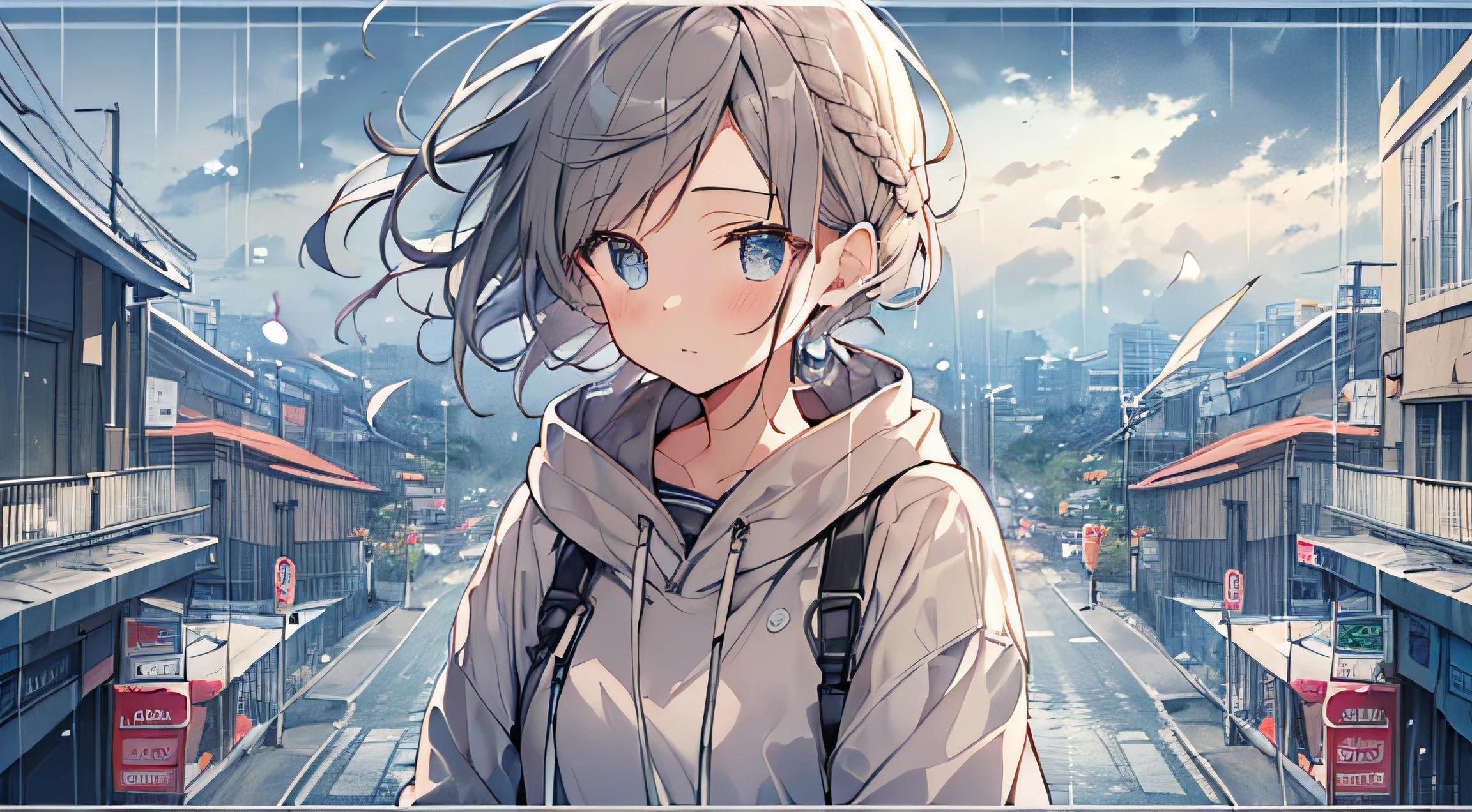 masutepiece, Best Quality,Illustration, Wallpaper, Ultra Detail, absurderes, 1girl in, Solo, (Medium short hair、short braided hair), Beautiful detailed eyes, after rain , (Street:1.3), Bright sky after rain、Hair that flutters in the wind,(a panoramic view:1.3),(Sense of depth:1.5),(longshot:1.3)、Gray and beige hoodie、White skirt