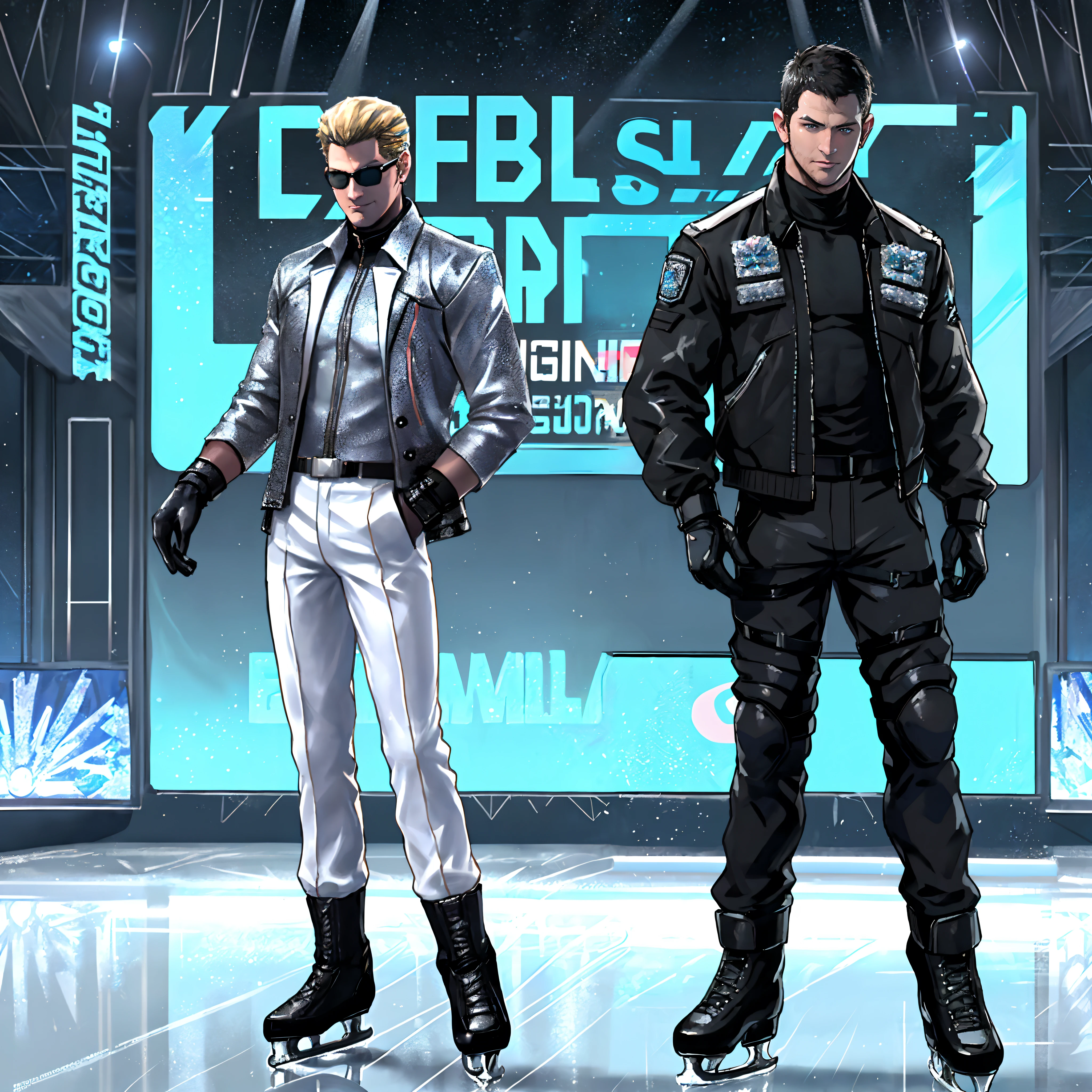 Chris Redfield, ice skating, vibrant ice skating rink, flashing lights in the background, wearing black figure skating outfit, open shirt, chest visible, frilly clothing, middle aged man, sharp focus, highest resolution, full body shot, blend in with scenery