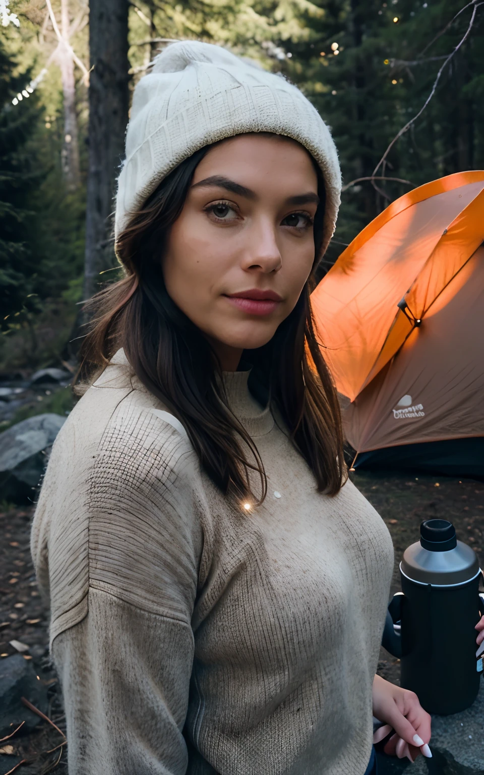 1 woman ((upper body selfie, happy)), masterpiece, best quality, ultra-detailed, solo, outdoors, (night), mountains, nature, (stars, moon) cheerful, happy, backpack, sleeping bag, camping stove, water bottle, mountain boots, gloves, sweater, hat, flashlight, forest, rocks, river, wood, smoke, shadows, contrast, clear sky, analog style (look at viewer:1.2) (skin texture) (film grain:1.3), (warm hue, warm tone:1.2), close up, cinematic light, sidelighting, ultra high res, best shadow, RAW, upper body, wearing pullover