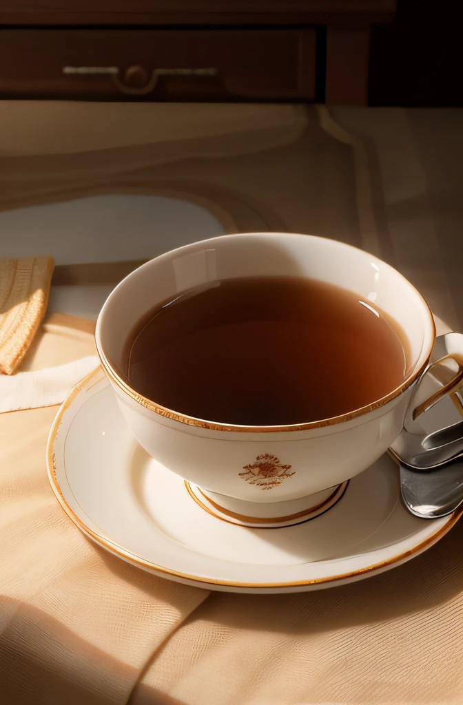 There is a cup of light brown hot tea in the transparent quilt,There is a small spoon next to it。