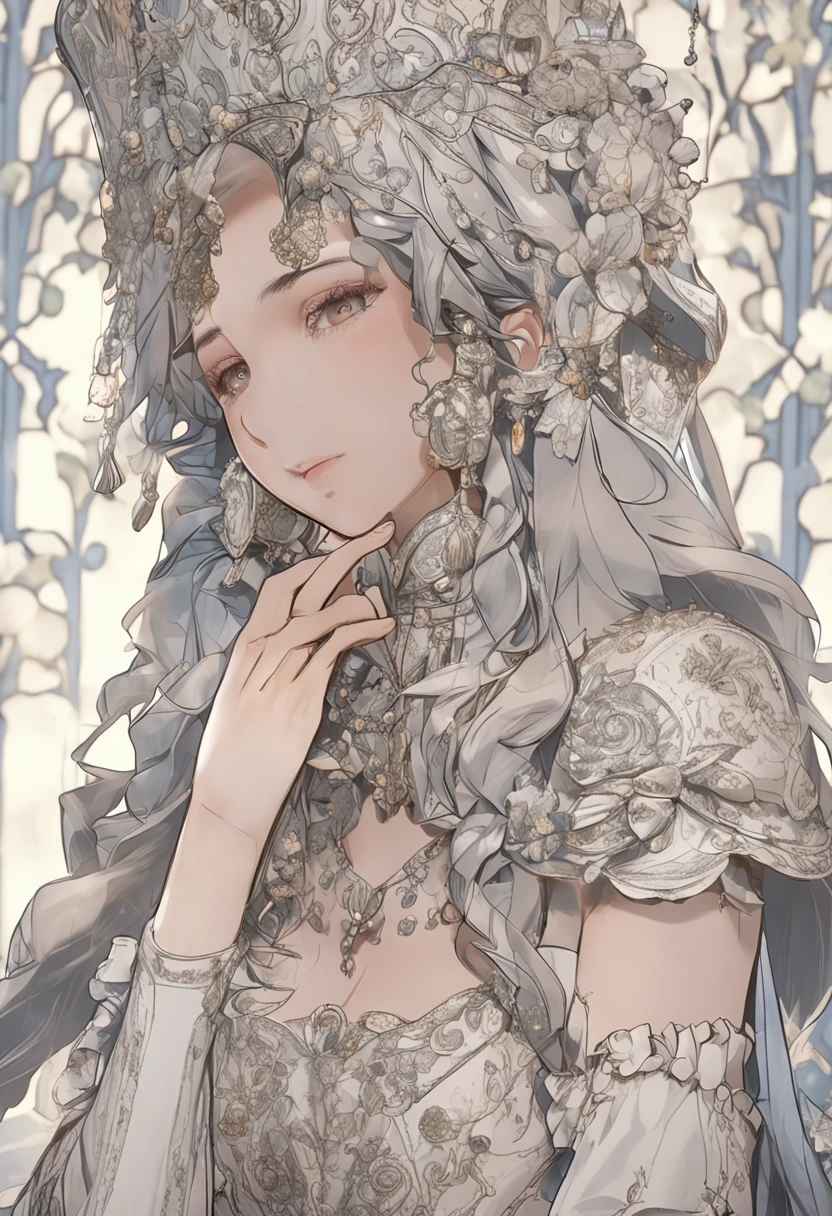 hyper HD，anatomy correct，Textured skin，The is very detailed，high detal，best qualtiy，Baroque style，Versailles，classicism，lightand shade contrast，Background bokeh，The sense of sacredness，whaite hair，Asymmetrical hairstyle，Blue eyes，Moles under eyes，ssmile，Light smile，bust，