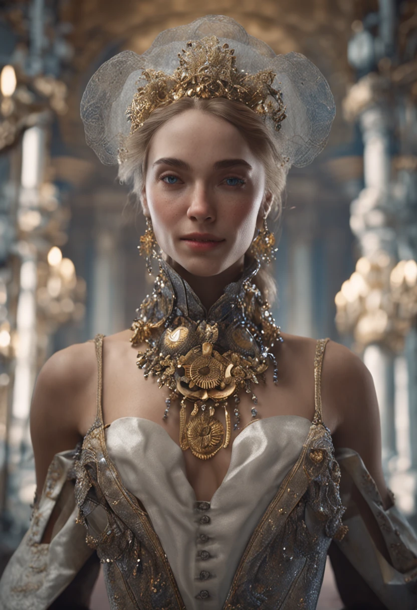 hyper HD，anatomy correct，Textured skin，The is very detailed，high detal，best qualtiy，Baroque style，Versailles，classicism，lightand shade contrast，Background bokeh，The sense of sacredness，whaite hair，Asymmetrical hairstyle，Blue eyes，Moles under eyes，ssmile，Light smile，bust，