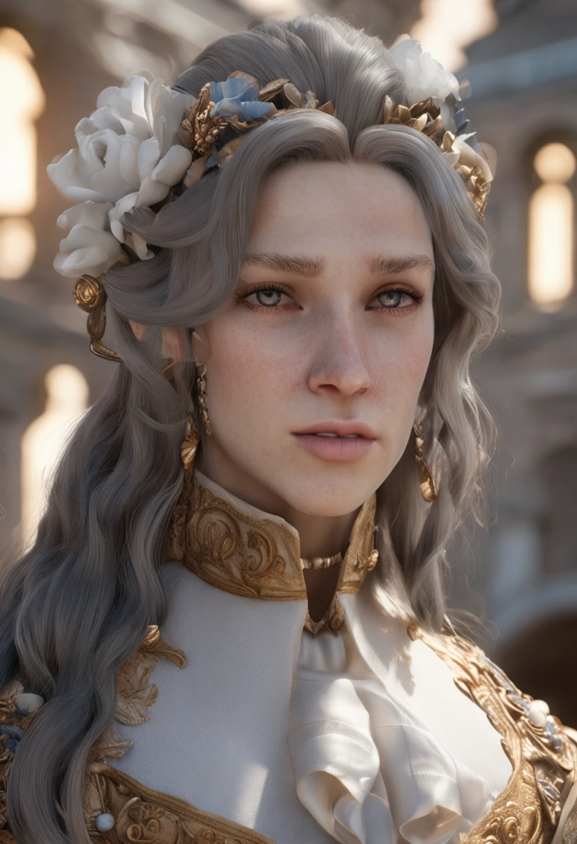 hyper HD,anatomy correct,Textured skin,The is very detailed,high detal,best qualtiy,Baroque style,Versailles,classicism,lightand shade contrast,Background bokeh,The sense of sacredness,whaite hair,Asymmetrical hairstyle,Blue eyes,Moles under eyes,ssmile,Light smile,bust,