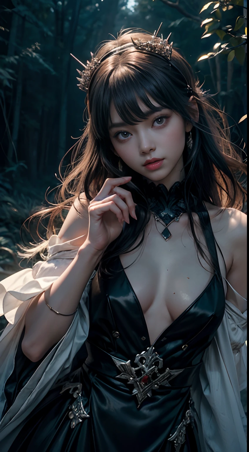 (8K, RAW photography, top-quality, tmasterpiece:1.2), A woman who is、18 year old Japan,full bodyesbian.{Movie Angle、wide angles、Do not split the screen、}(Realistic skin 1.4)、(Saint in a white dress、Bloody Saints)、(((Bradley、White dress wet with blood、Crown of thorns、Wearing a crown of thorns、Surrounded by a forest of thorns、Entangled with thorns、Bare legged、)))、(((In the dark forest、Deep in the eerie forest 、Pitch black night、Deep fog))、50mm lens、30 mm film、wide angles、(Long、hair straight、)、(brunette color hair、The forehead is covered by bangs、)、Black eyes、shiny skins、Beautiful detailed hair、beautiful delicate face、Beautiful delicate eyes、{smallunderboob、small tits、Muscular body、}、