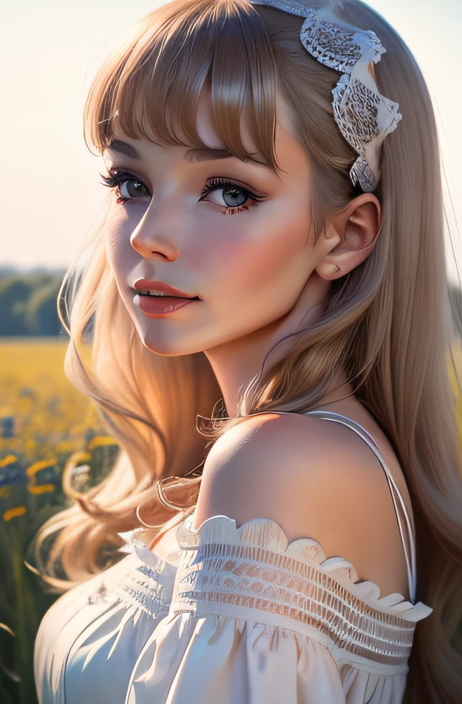Realistic semi-close portrait image of curious woman retro 60s nostalgia, prime time, Fashion haute couture, 35mm female portrait,Thinking in a wildflower field in a plain white lace dress. warm color. Vivid. Realistic. Carefree happy joy bokeh background. Tranquil aesthetics. Soft lighting. Artistic lighting. Feminine elegance. Tease