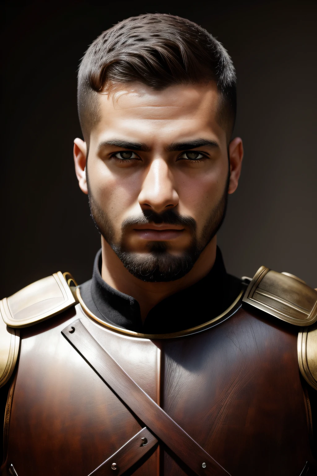 (masterpiece), (best quality), Cinematic, photorealism, Rendering, realistic, ultra detailed, perfect face, portrait frame, bust portrait, Greek soldier, Ancient Greek soldier, 24 year old man, light skinned man, beard short, dark brown eyes, Greek armor, detailed armor, cuirass, broad shoulders, buzz cut, very short hair cut, low maintenance appearance, looking at camera, manly posture