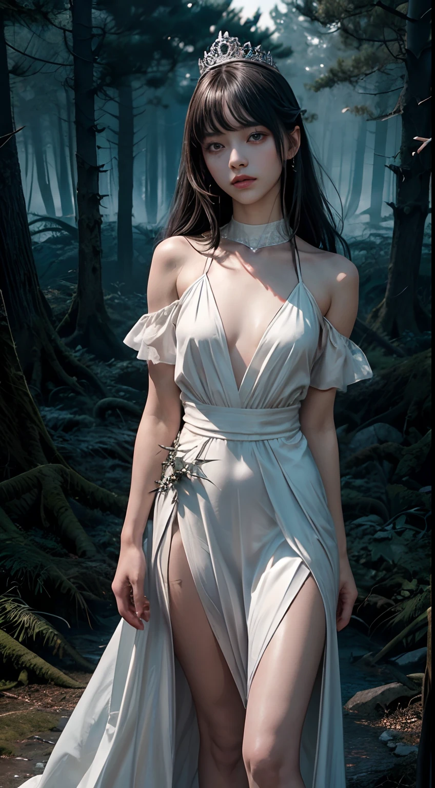 (8K, RAW photography, top-quality, tmasterpiece:1.2), A woman who is、18 year old Japan,full bodyesbian.{Movie Angle、wide angles、Do not split the screen、}(Realistic skin 1.4)、(Saint in a white dress、Bloody Saints)、(((Bradley、White dress wet with blood、Crown of thorns、Wearing a crown of thorns、Surrounded by a forest of thorns、Entangled with thorns、Bare legged、)))、(((In the dark forest、Deep in the eerie forest 、Pitch black night、Deep fog))、50mm lens、30mm film、wide angles、(Long、hair straight、)、(brunette color hair、The forehead is covered by bangs、)、Black eyes、shiny skins、Beautiful detailed hair、beautiful delicate face、Beautiful delicate eyes、{smallunderboob、small tits、Muscular body、}、