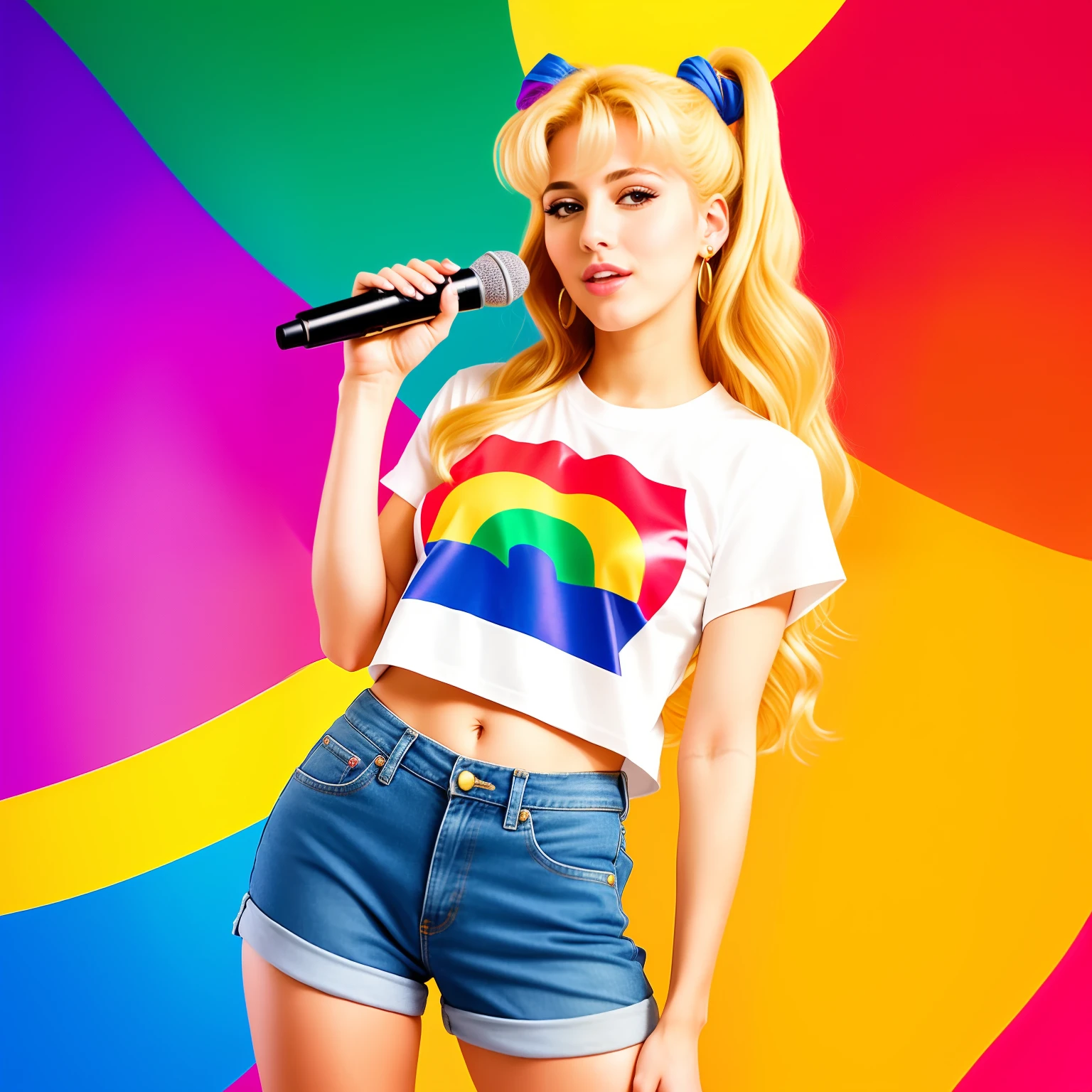 "(Mature and realistic portrayal:1.2) Sailor Moon exuding confidence as she holds a microphone, her blonde hair cascading down, adorned in stylish rainbow denim clothes from the 2000s, with a backdrop filled with donuts."