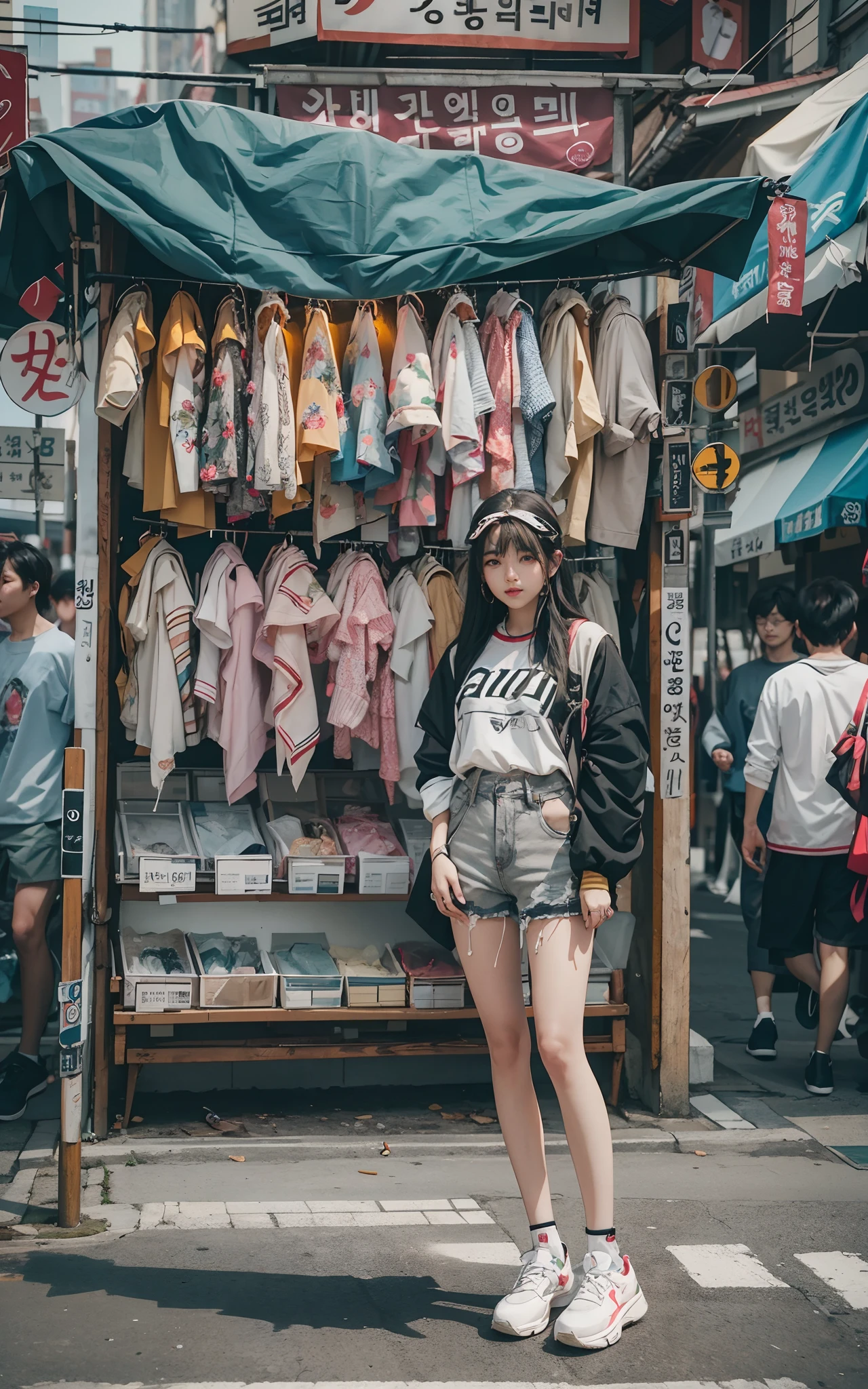 Woman standing in front of a stall on a busy street、a picture inspired by Yuumei、Unsplash Contest Winner、真实感、a Korean girl、Ulzo、Beautiful Korean Woman、chinaese girl、Popular Korean Makeup、Korean Female Fashion Models、Popular Korean Makeup、Beautiful young Korean woman、Street fashion in the streets of Japan、Korean Women、japanese streetwear、tight short pant