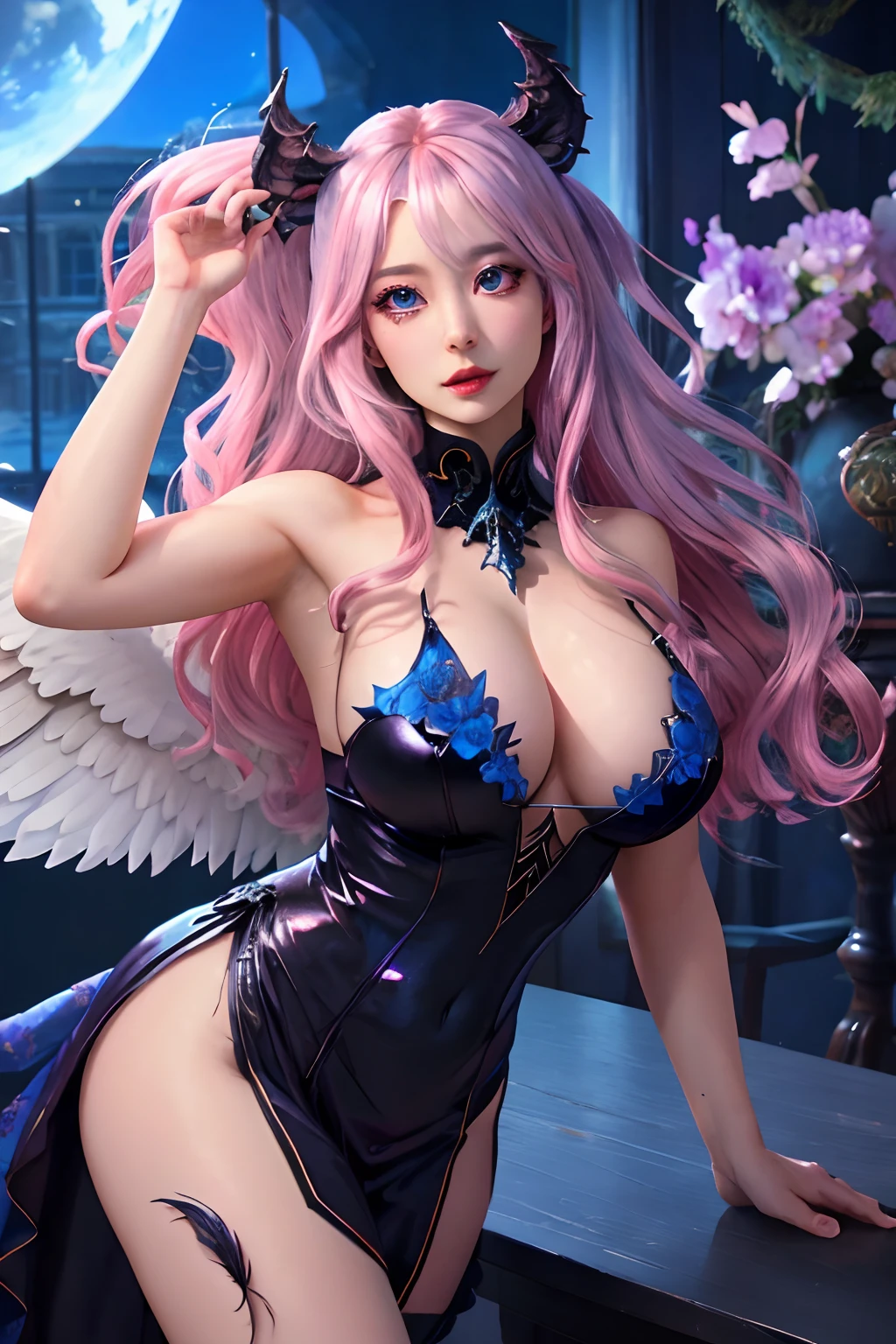 detaileds、very long silver hair、albedo、Succubus、Black wings、独奏、big cute eye、The pupil is a pink pupil、The inside of the eye sparkles like a diamond、Tight clothes、A little erotic、Cool black feathers on dance background、Background surrounded by blue flowers、high-level image quality、细致背景、Invisible chest、The corners are black、Black wings、Very pretty woman、Be realistic、Blue roses near the corner、Realistic Woman、high-level image quality、Hawaii beach background、Pose with armpits raised