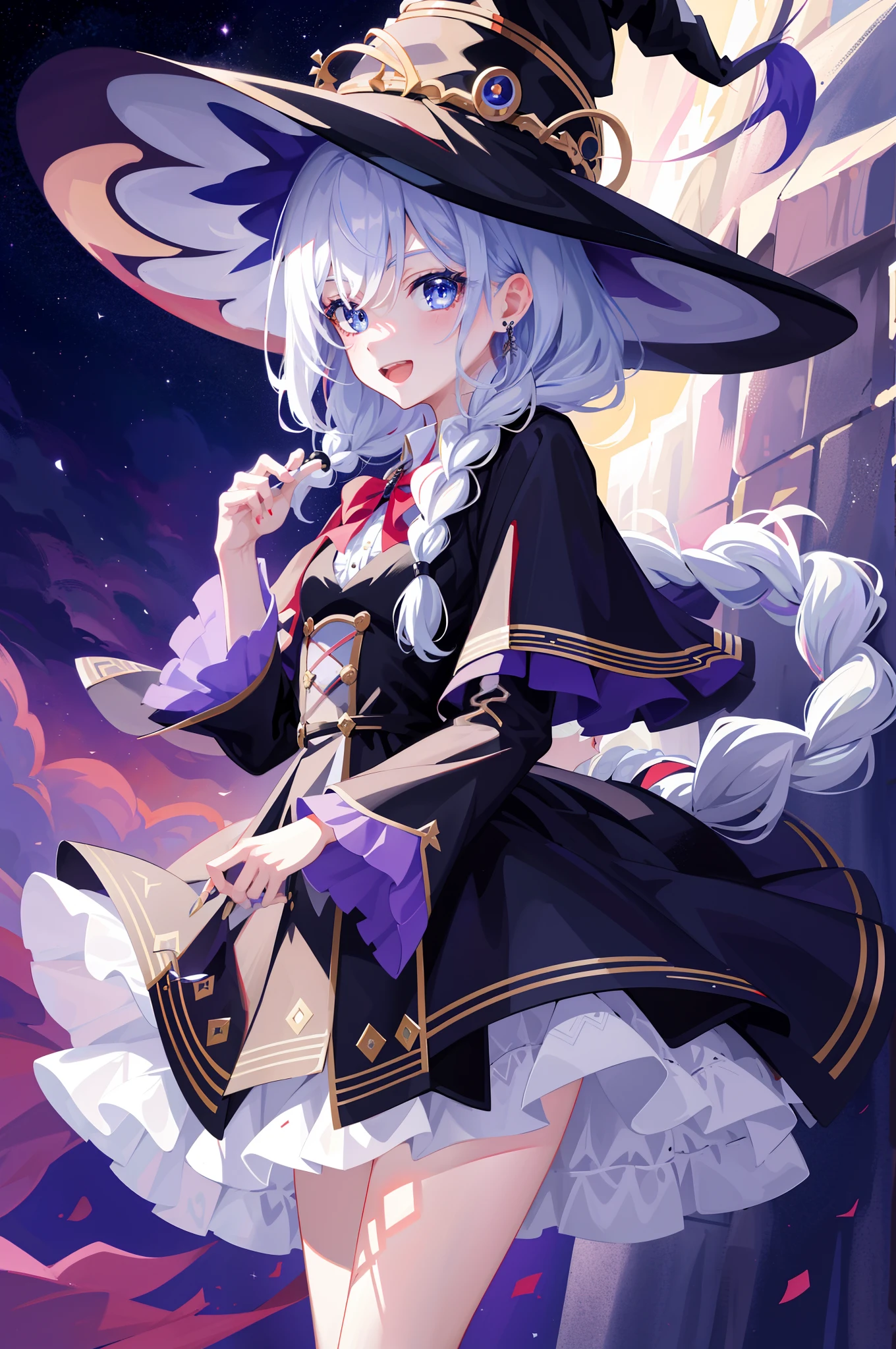 ((tmasterpiece、top-quality、detaileds)), 4K,8K,Hicks, 1 girl in, Cute and beautiful, The Witch, ((a witch's hat))、White hair, Medium hair, Braids, eBlue eyes, :D, [[[Broken face]]], [[Bad face]], [[fusedfingers]]