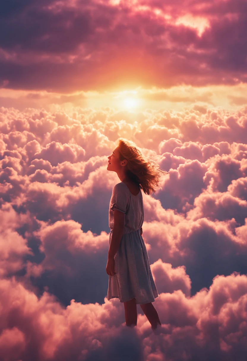 masterpiece, best quality, movie still, 1girl, cloud girl, floating in the sky, close-up, bright, happy, warm soft lighting, sunset, (sparks:0.7)