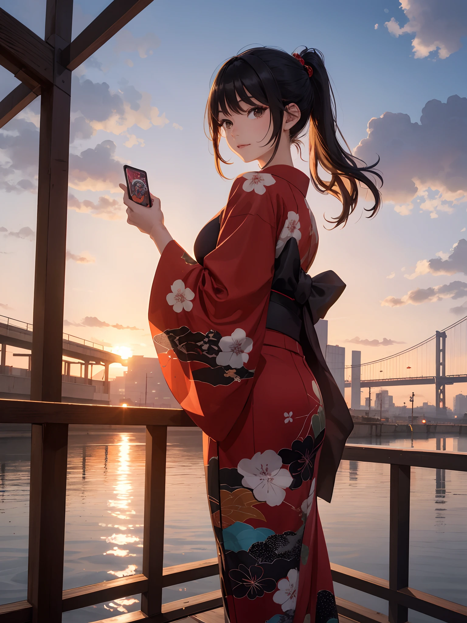 Top image quality、City girl、Black hair long straight、Kimono Dresses、Bright red sunset、on a bridge、ukiyoe painting、夏天