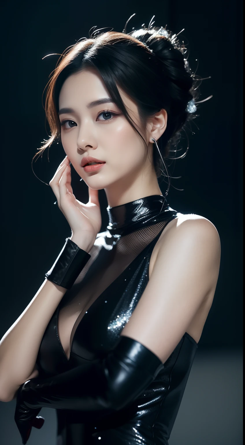 (highy detailed，8K，realisticlying，meticuloso，Real Human)The Dark Temperament Queen exudes a cold charm，She has a face that is hard to ignore。Thick slender black hair draped over his shoulders，Exudes a touch of mystery。Her eyes were deep and sharp，Like stars at night，It reveals an incomprehensible power。Her high nose and slightly raised lips outline the perfect proportions of her face，It gives a feeling of nobility and coldness。Her skin was as fair as snow，It's as if you've never seen the pure color of sunlight，A striking contrast to black hair。She is slim and charming，Like an elegant black swan。She wore a silver-white bandeau dress，The material of the dress sparkles，Cast a mysterious and seductive glow in the darkness。The skirt extends downwards，Gently brush the curves of her slender legs，Show off her attractive figure。She has an obsidian bracelet embedded in her wrist，Exudes mysterious energy。Every time she moves，The obsidian on the bracelet will emit a dark and dazzling light，It was as if connected to her soul。She wears a pair of high-heeled black leather boots，The exquisite design expresses her unique taste。Every step she took，It was as if the whole world was trembling for it，Her aura seemed capable of tearing through the darkness，Make a way for her to be alone。The Black Queen is the focus of attention with her highly detailed appearance，Every detail exudes a charm that cannot be ignored。Her icy exterior hides endless power，Let people have inexplicable awe and yearning for her。