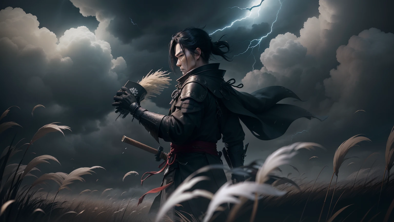 Ghost of Tsushima character, long shot, half body, profile, Jin Sakai, no mask on his face, he is dressed all in inky black gazing the gruesome face mask he is holding in his hand, stark imagery, glaring white an black storm clouds sky, in a field of brilliant white pampas grass on a stormy windy fall day, 64k resolution hyperdetailed photorealistic