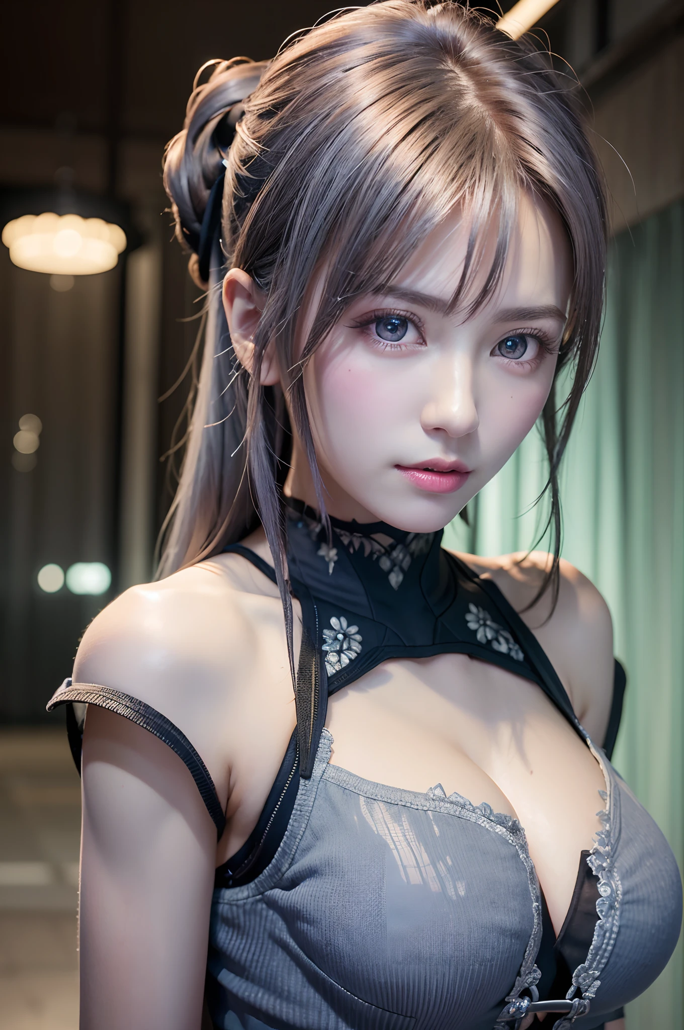 top-quality、8K Masterpiece、超A high resolution、(Photorealsitic:1.3)、Raw photo、女の子1人、silver white hair、glowy skin、1 Cyberpunk Super Beautiful Soldier、((super realistic details))、portlate、globalillumination、Shadow、octan render、8K、ultrasharp、beauty breast、Raw skin is exposed in cleavage、metals、cold color、、highly intricate detail、Realistic light、CGSoation Trends、Beautiful eyes、radiant eyes、Facing the camera、neon details、