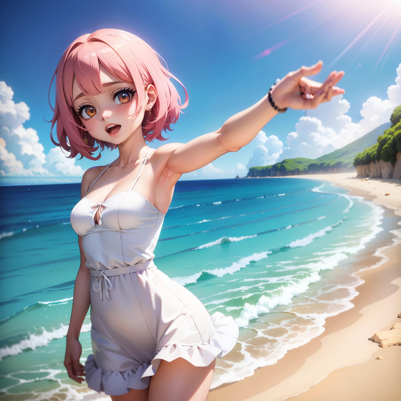 Anime - Menina estilo em um vestido branco na praia, menina anime bonita, arte cg anime suave, estilo anime 4K, arte de anime digital detalhada, Cute anime waifu in a nice dress, anime estilo 3d, render de uma menina anime 3d bonito, estilo anime. 8k, mulher bonita do anime, Loli, arte de anime digital