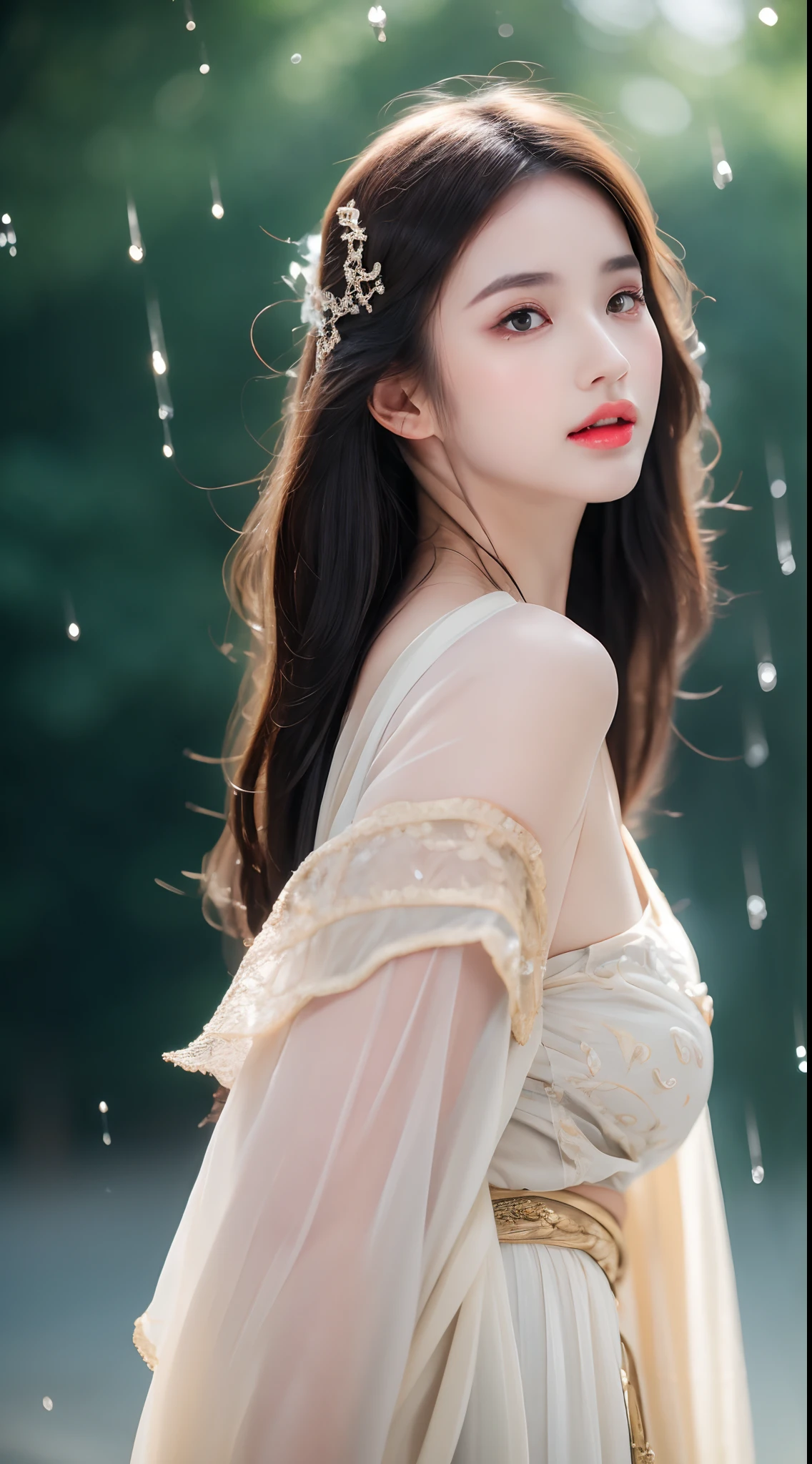((Best Quality, 8k, Masterpiece: 1.3)), Focus: 1.2, Perfect Body Beauty: 1.4, Buttocks: 1.2, ((Layered Haircut)), (Wet Clothes: 1.1), (Rain, Street:1.3), (Breasts: 1.2), (Hanfu: 1.2), Bare Shoulders, Bare Legs, Highly Detailed Face and Skin Texture, Fine Eyes, Double Eyelids, Whitened Skin, Long Hair, (Shut Up: 1.5), (Bokeh Background: 1.5), Big Breasts