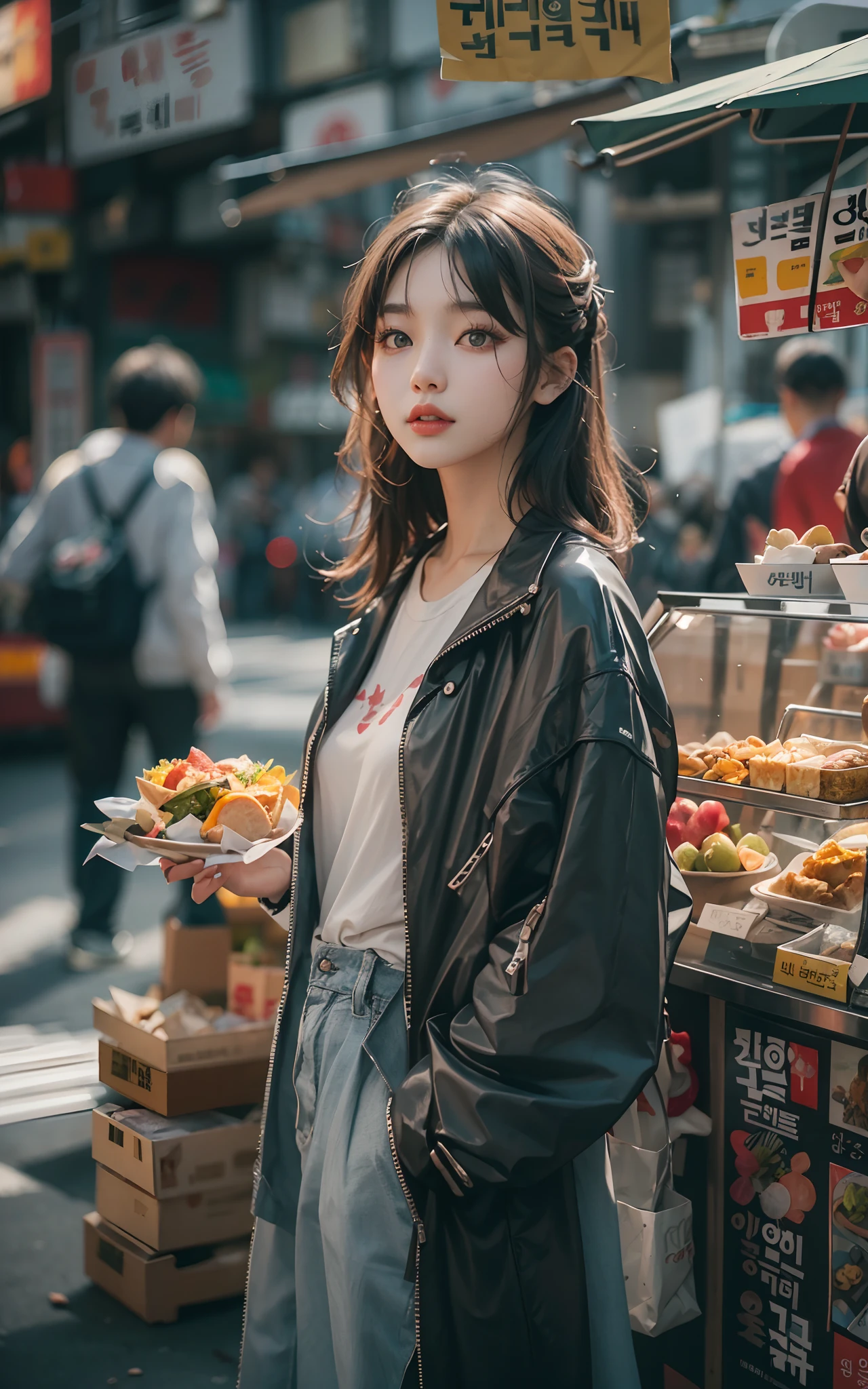 a woman standing in front of a food stand in a busy street, a picture inspired by Yuumei, unsplash contest winner, realism, korean girl, ulzzang, beautiful south korean woman, chinese girl, popular south korean makeup, korean women's fashion model, popular korean makeup, beautiful young korean woman, japanese city street fashion, korean woman, japanese streetwear