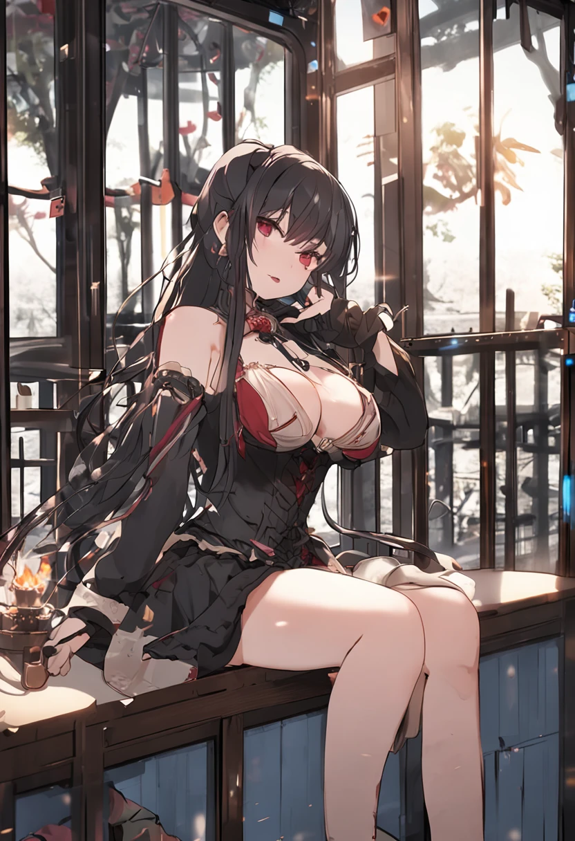 masterpiece、Top image quality、high detailing、abajour、window、(nighttime scene:1.3)、nighttime scene、(red eyes:1.4)、Delicate interior design、Longhaire、1girl in、(Boob emphasis:1.7)、(Black hair)、length hair、red blush、(a beautifulchi girl)、cute little、((maikurobikini))、overknee socks、((garterbelts))、corsets、huge-breasted、(cleavage of the breast)、((A smile))、knee sox、(Long gloves:1.3)、耳环、Character Center、Kamimei、(((I can see panties)))、thigh high boots、Big buttocks、Tsuriformes、pretty pose、on the beds、Small pants、(dynamic ungle:1.5)、Blunt bangs、lying on one's side、Lying down、Straightening the back