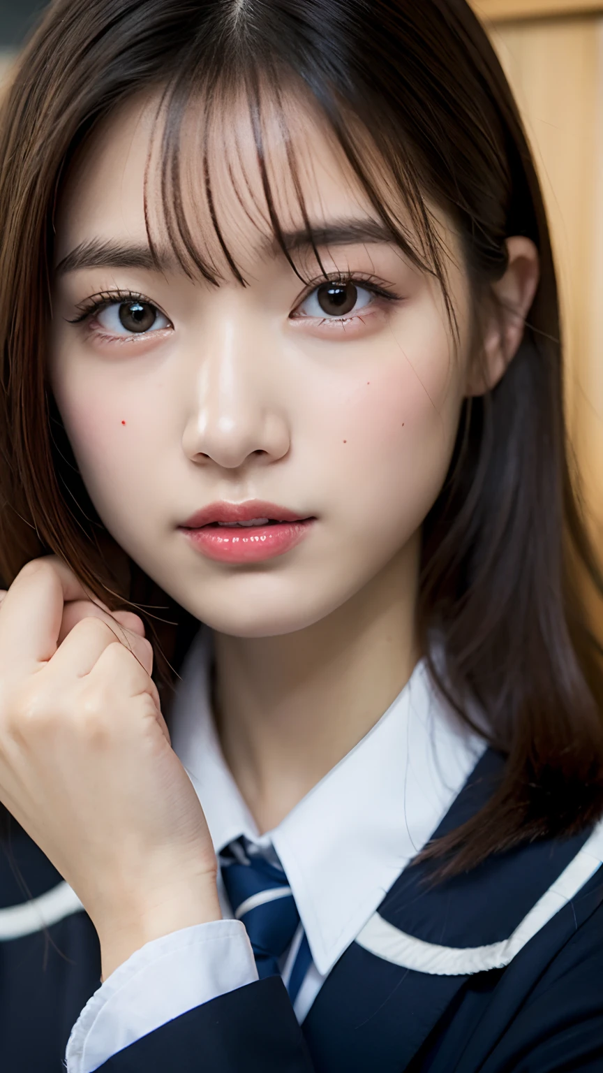 8k, RAW photos, top quality, masterpiece: 1.2), ultra detailed, super resolution, (real, real photos: 1.37), portraits, high-definition RAW color photos, professional photos, very detailed and beautiful, very detailed, 8k wallpapers, amazing details, huge file size, official art, highly detailed CG Unity 8k wallpapers, highly detailed beautiful girls, highly detailed faces, Very detailed eyes, very detailed skin, very detailed fingers, very detailed nose, very detailed detailed mouth, very beautiful face and eyes, ((full body)), tall beautiful woman relaxing in classroom in uniform, huge breasts, (: 1.23), JK uniform, Seifuku, cute core, high school girl, korean girl, school, classroom, blackboard