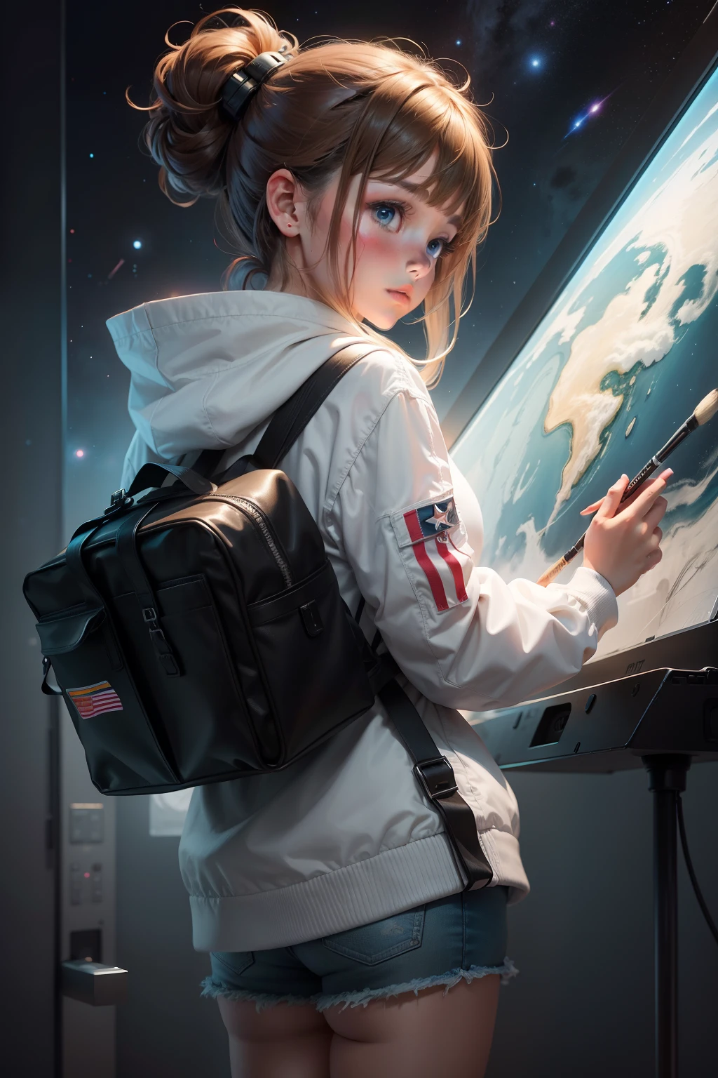 Girl draws space with brush,painting of a,space,Technologie