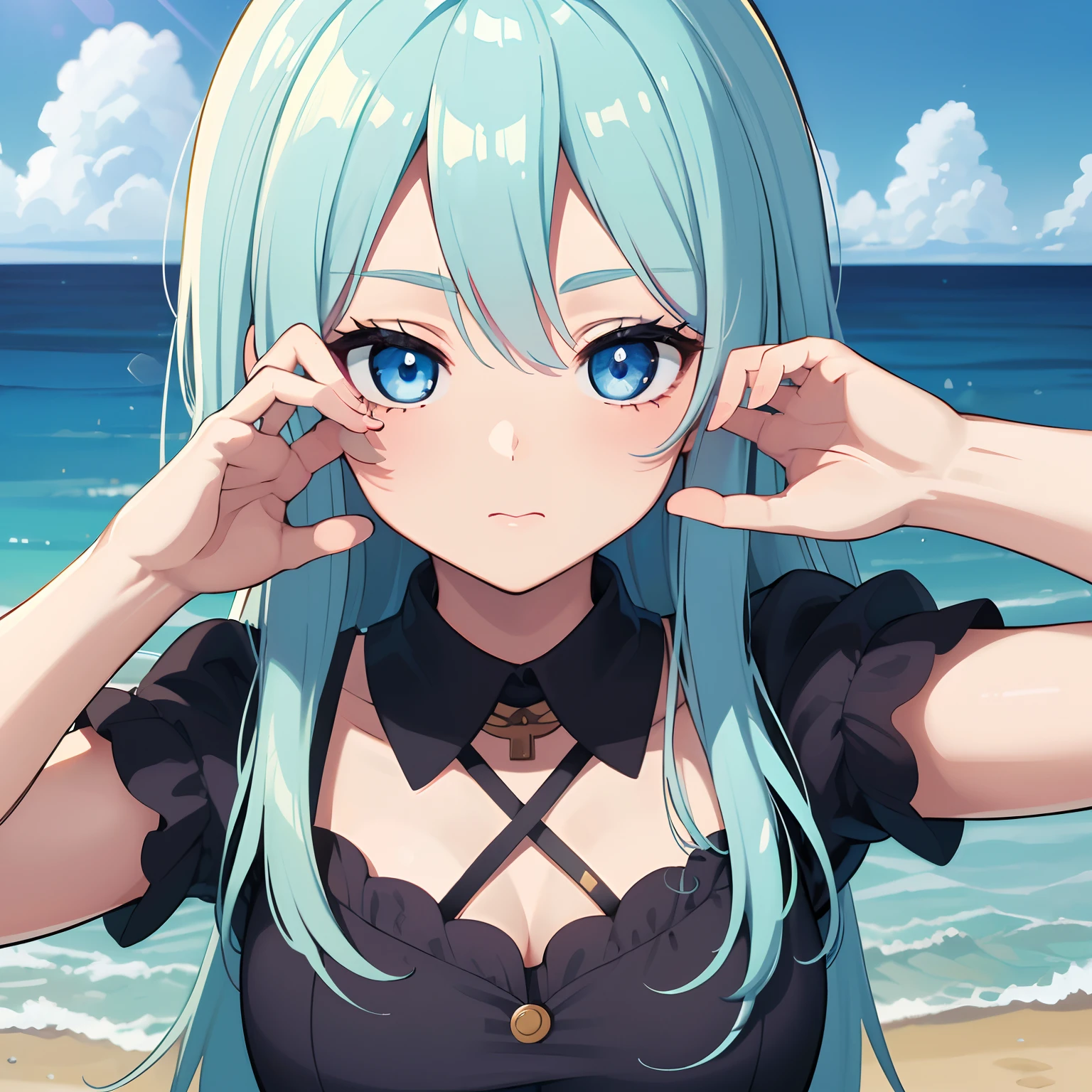 ((masterpiece, best quality)), high resolution,ultra detailed,8k,16k,detailed background, perfect lighting,detailed beautiful eyes, 1girl,solo,embarrassed,blush,show off nipple,steam,sweat,in heat,heavy breathing,saliva,drivel,(evil smile:1.2),look at viewer,(open mouth,oral,spread mouth,show oral:1.3),ahegao,close up face,(from above:1.2), (pov:1.4),(front view:1.2),show off breast,provocative eyes,fisheye lens,be breathless,stick tongue out,kneeling,slender,fair skin,small breast,hair ornament, green hair, twintails, long hair,(swimwear,sea,summer)