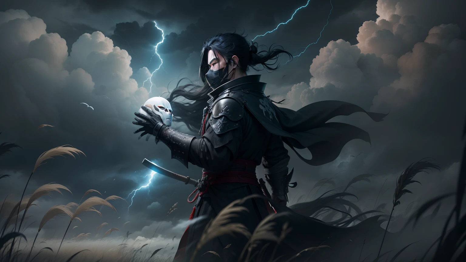 Ghost of Tsushima character, long shot, half body, profile, Jin Sakai, no mask on his face, he is dressed all in inky black gazing the gruesome face mask he is holding in his hand, stark imagery, glaring white an black storm clouds sky, in a field of brilliant white pampas grass on a stormy windy fall day, 64k resolution hyperdetailed photorealistic