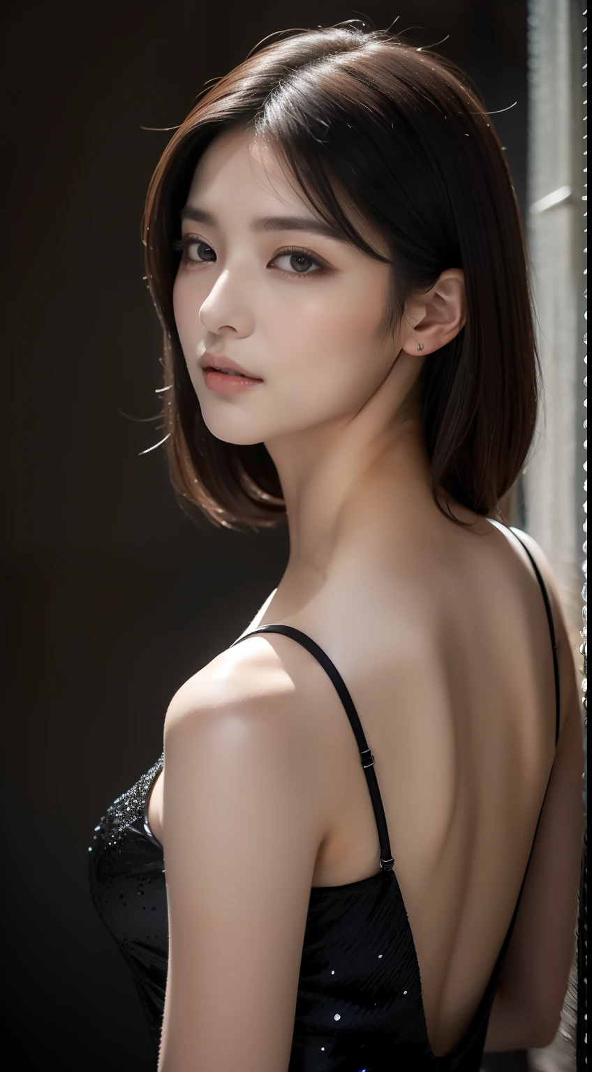 (highy detailed,8K,realisticlying,meticuloso,Real Human)The Dark Temperament Queen exudes a cold charm,She has a face that is hard to ignore。Thick slender black hair draped over his shoulders,Exudes a touch of mystery。Her eyes were deep and sharp,Like stars at night,It reveals an incomprehensible force。Her high nose and slightly raised lips outline the perfect proportions of her face,It gives a feeling of nobility and coldness。Her skin was as fair as snow,It's as if you've never seen the pure color of sunlight,A striking contrast to black hair。She is slim and charming,Like an elegant black swan。She wore a silver-white bandeau dress,The material of the dress sparkles,Cast a mysterious and seductive glow in the darkness。The skirt extends downwards,Gently stroke the curves of her slender legs,Show off her attractive figure。She has an obsidian bracelet embedded in her wrist,Exudes mysterious energy。Every time she moves,The obsidian on the bracelet will emit a dark and dazzling light,It was as if connected to her soul。She wears a pair of high-heeled black leather boots,The exquisite design expresses her unique taste。Every step she took,It was as if the whole world was trembling for it,Her aura seemed capable of tearing through the darkness,Make a way for her to be alone。The Black Queen became the focus of attention with her highly detailed appearance,Every detail exudes a charm that cannot be ignored。Her icy exterior hides endless power,Let people have inexplicable awe and yearning for her。