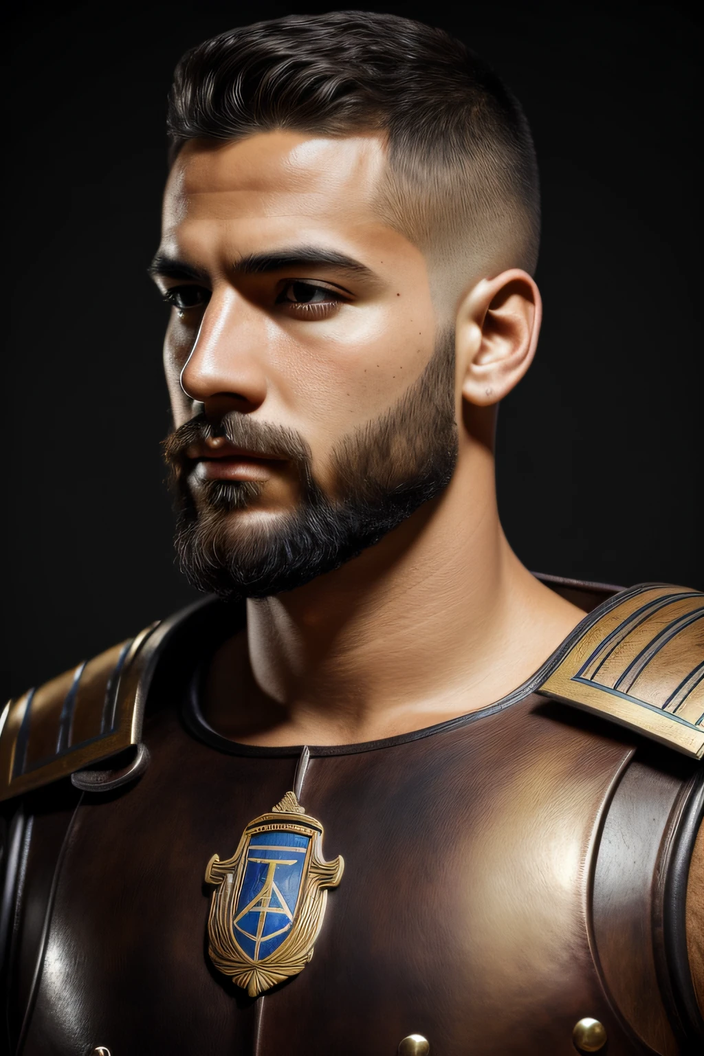 (master piece), (best quality), Cinematic, photorealism, Rendering, realistic, ultra detailed, perfect face, portrait frame, bust portrait, Greek soldier, Ancient Greek soldier, 24 year old man, light skinned man, head erect, medium beard, dark brown eyes, Grecian armor, detailed armor, cuirass, broad shoulders, buzz cut, very short hair cut, low maintenance appearance, looking at camera, manly posture