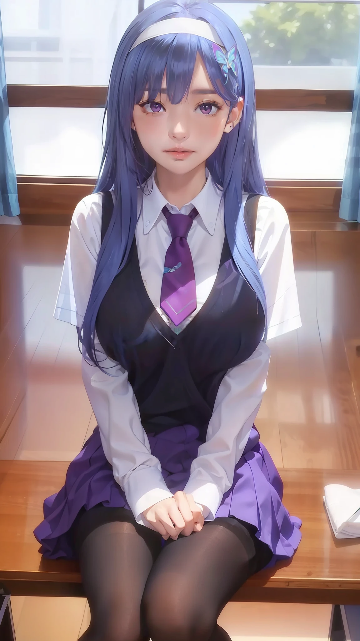 (masterpiece, best quality:1.2),illustration,8k,hd,1girl,solo,long_hair,(portrait:1.2),breasts,skirt,large_breasts,hair_ornament,sitting,school_uniform,blue_hair,purple_eyes,pantyhose,hairband,necktie,black_pantyhose,sweater_vest,purple_eyes,butterfly_hair_ornament,