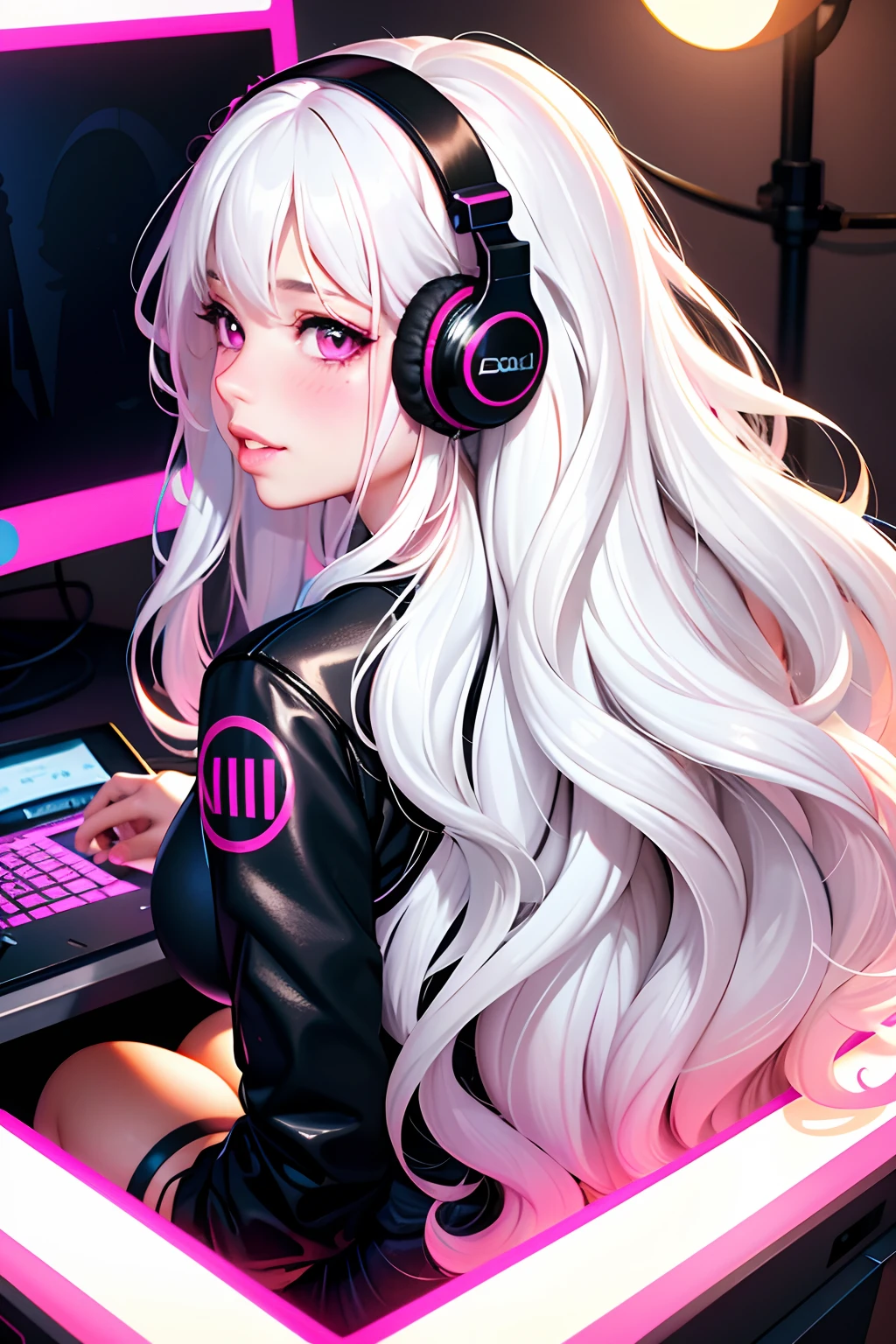 Anime girl with headphones sitting in front of a computer - SeaArt AI