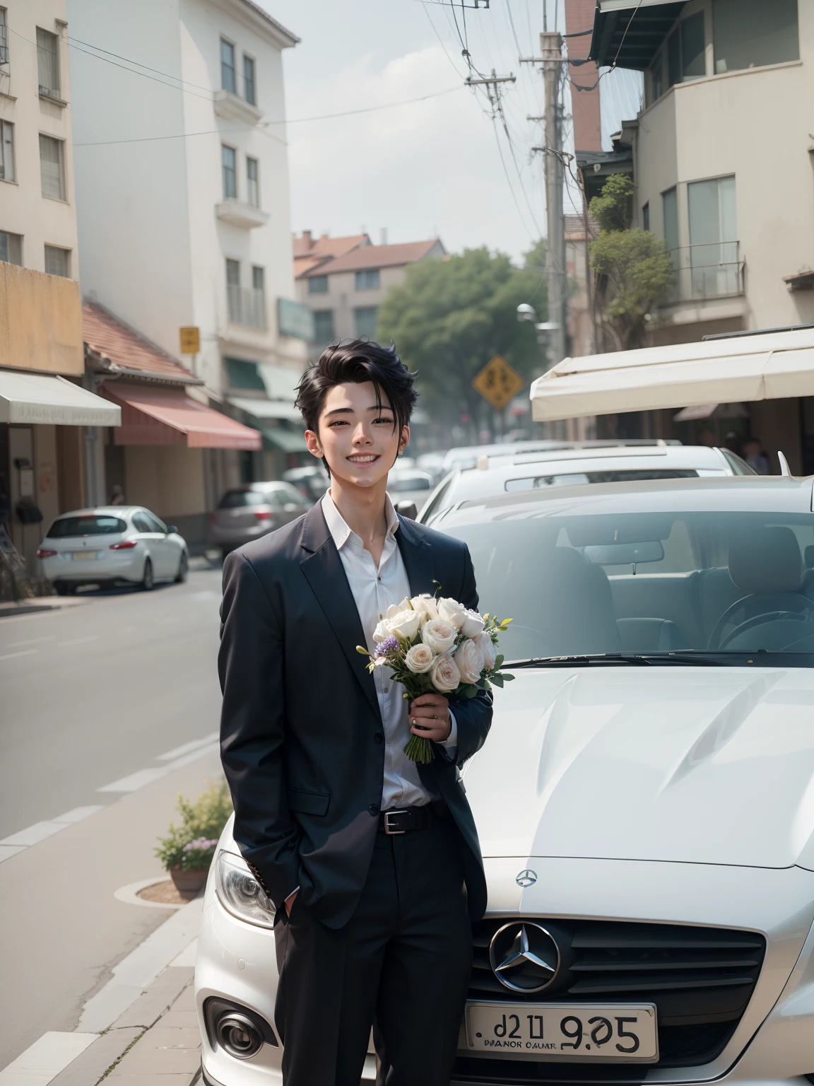 Anime, boy, style, 8k, beautiful background, full HD, beautiful smile, mercedes car, weading flower, Short Hair