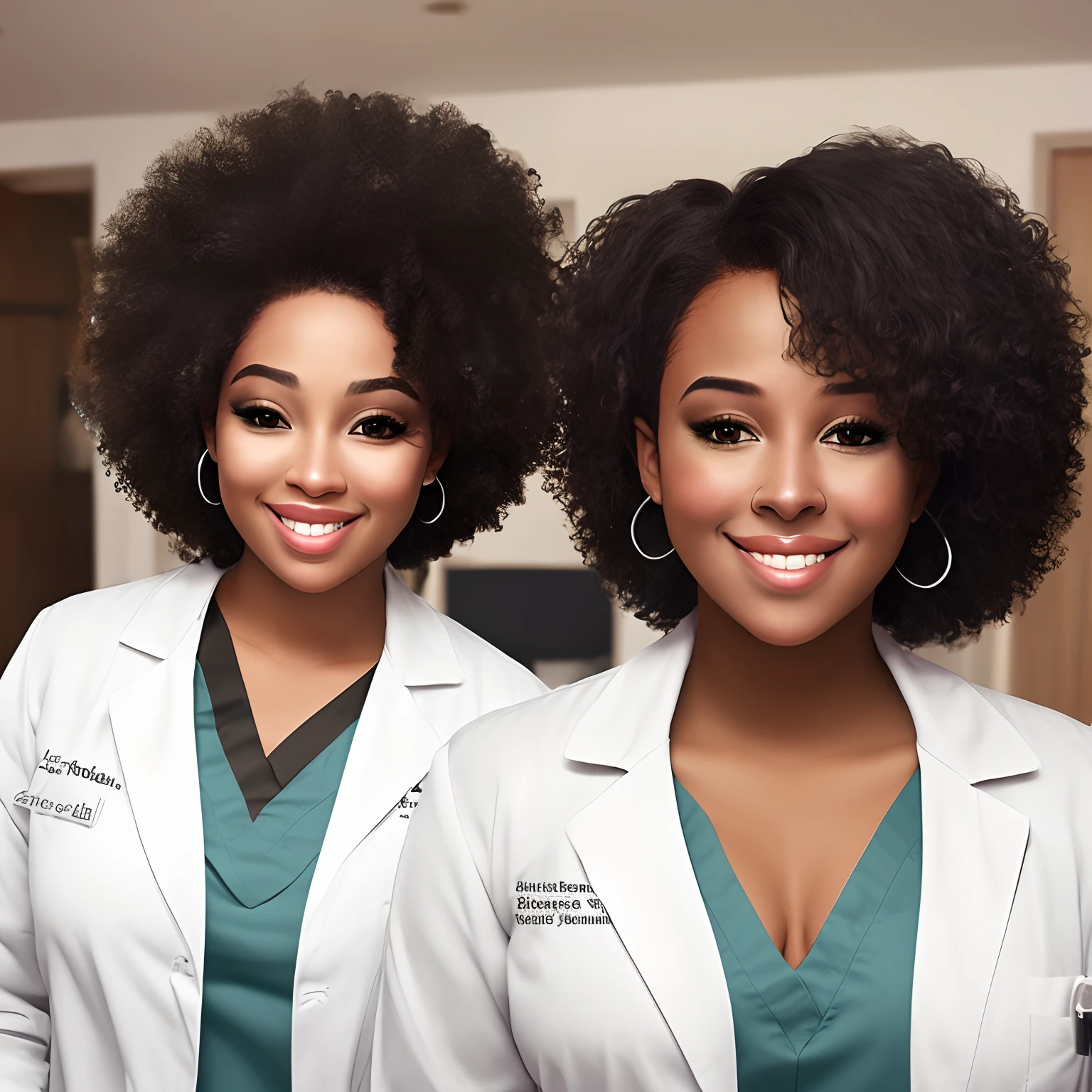 Create a chubby young black woman with voluminous short curly hair with a rounded nose and black features with a white lab coat and nurse
