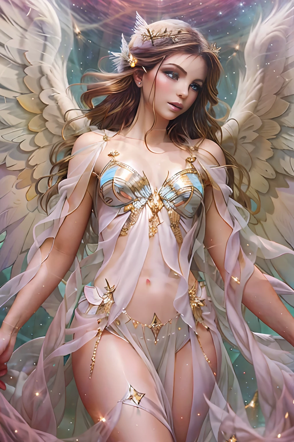 An angel is depicted with a pale and luminous complexion, their skin seemingly glowing with an otherworldly radiance. They are adorned with a pair of sparkling and graceful wings, symbolizing their divine nature. The scene is ethereal and enchanting, capturing the beauty and mystery of these celestial beings. angel, pale, luminous, complexion, glowing, otherworldly, radiance, sparkling, graceful, wings, divine, ethereal, enchanting, beauty, mystery.upper body,