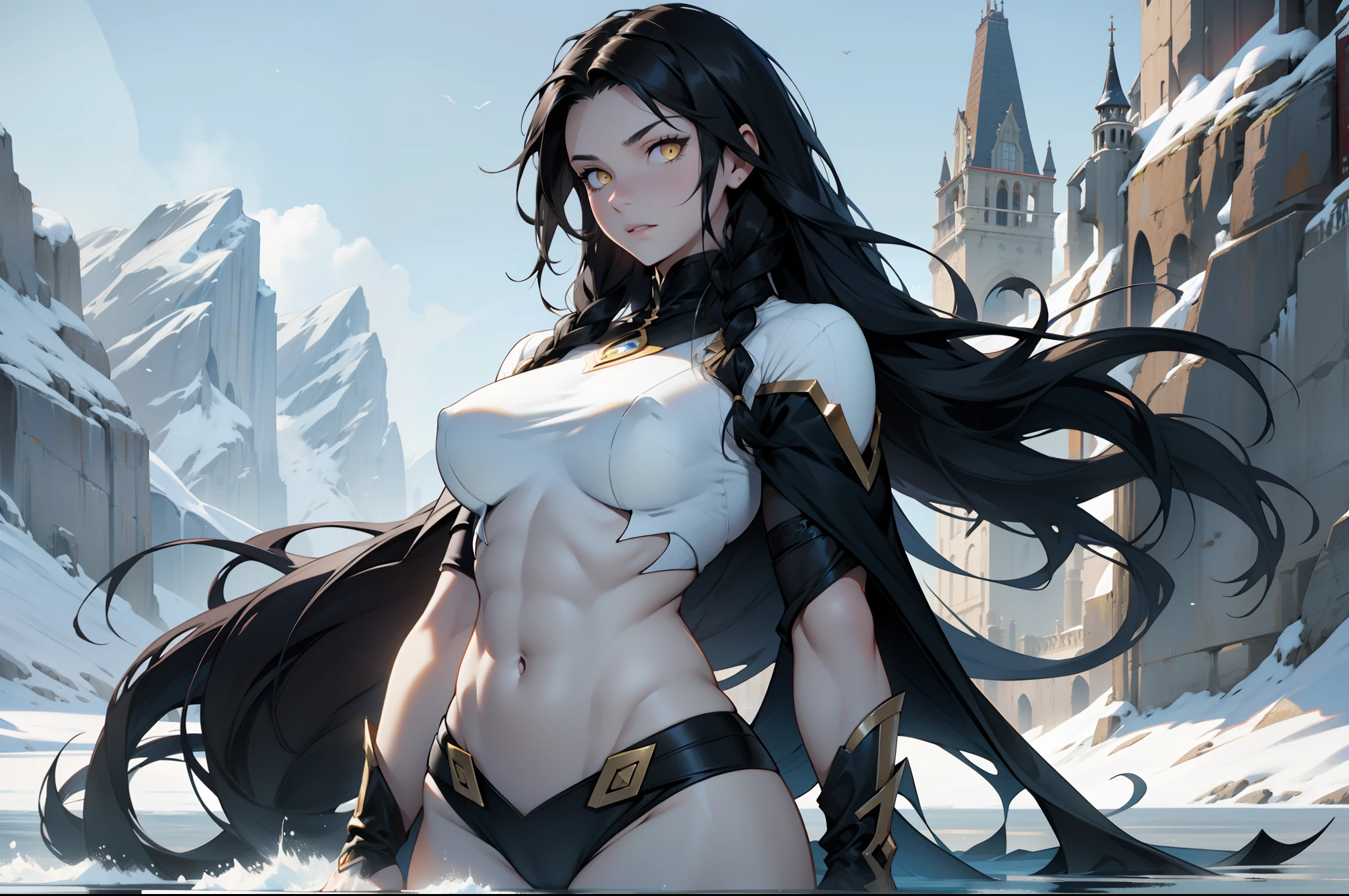 1 girl, black hair, yellow eyes, very long hair, pale skin, curvy, (extremely muscular), perky breasts, frozen lake