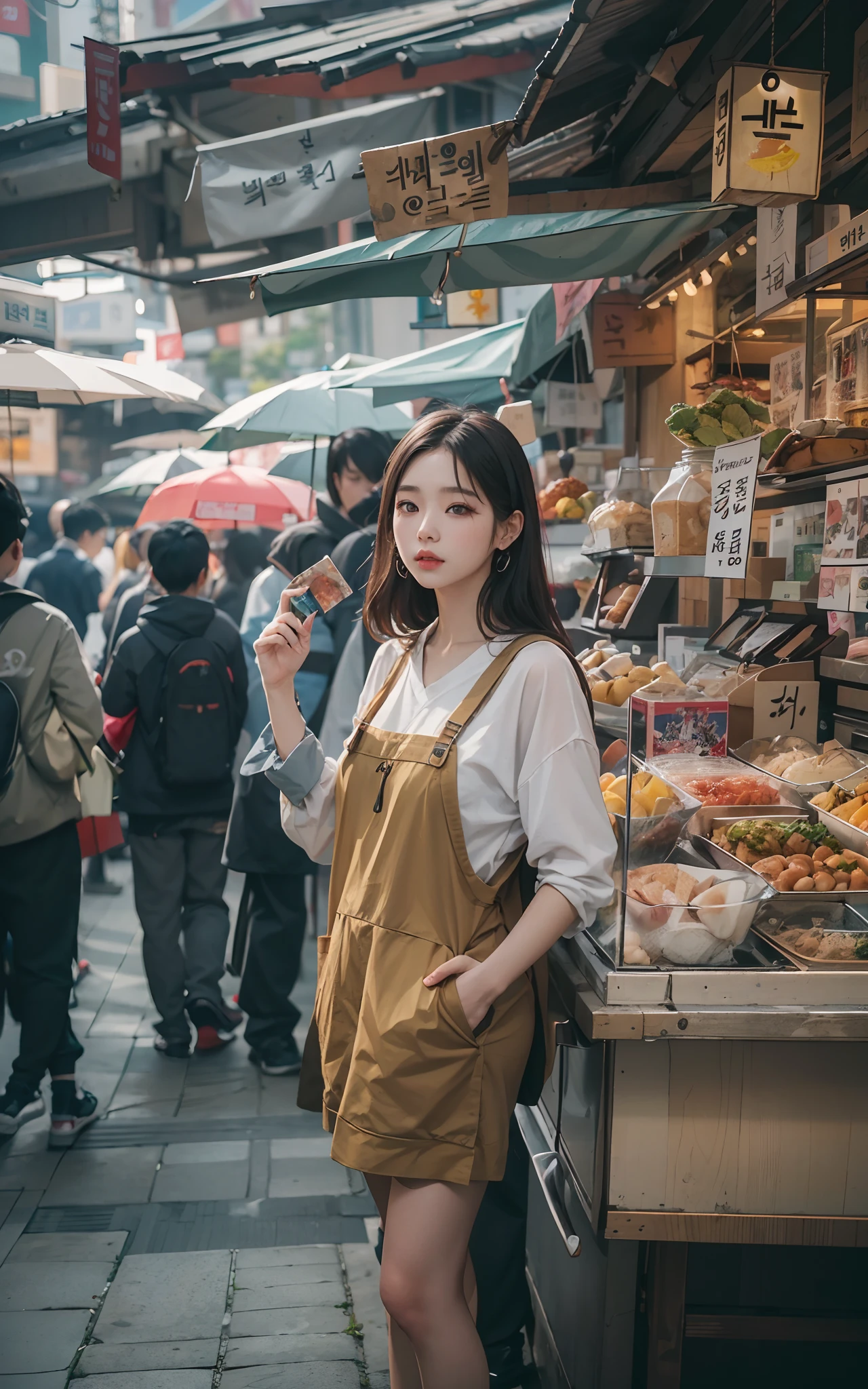 a woman standing in front of a food stand in a busy street, a picture inspired by Yuumei, unsplash contest winner, realism, korean girl, ulzzang, beautiful south korean woman, chinese girl, popular south korean makeup, korean women's fashion model, popular korean makeup, beautiful young korean woman, japanese city street fashion, korean woman, japanese streetwear
