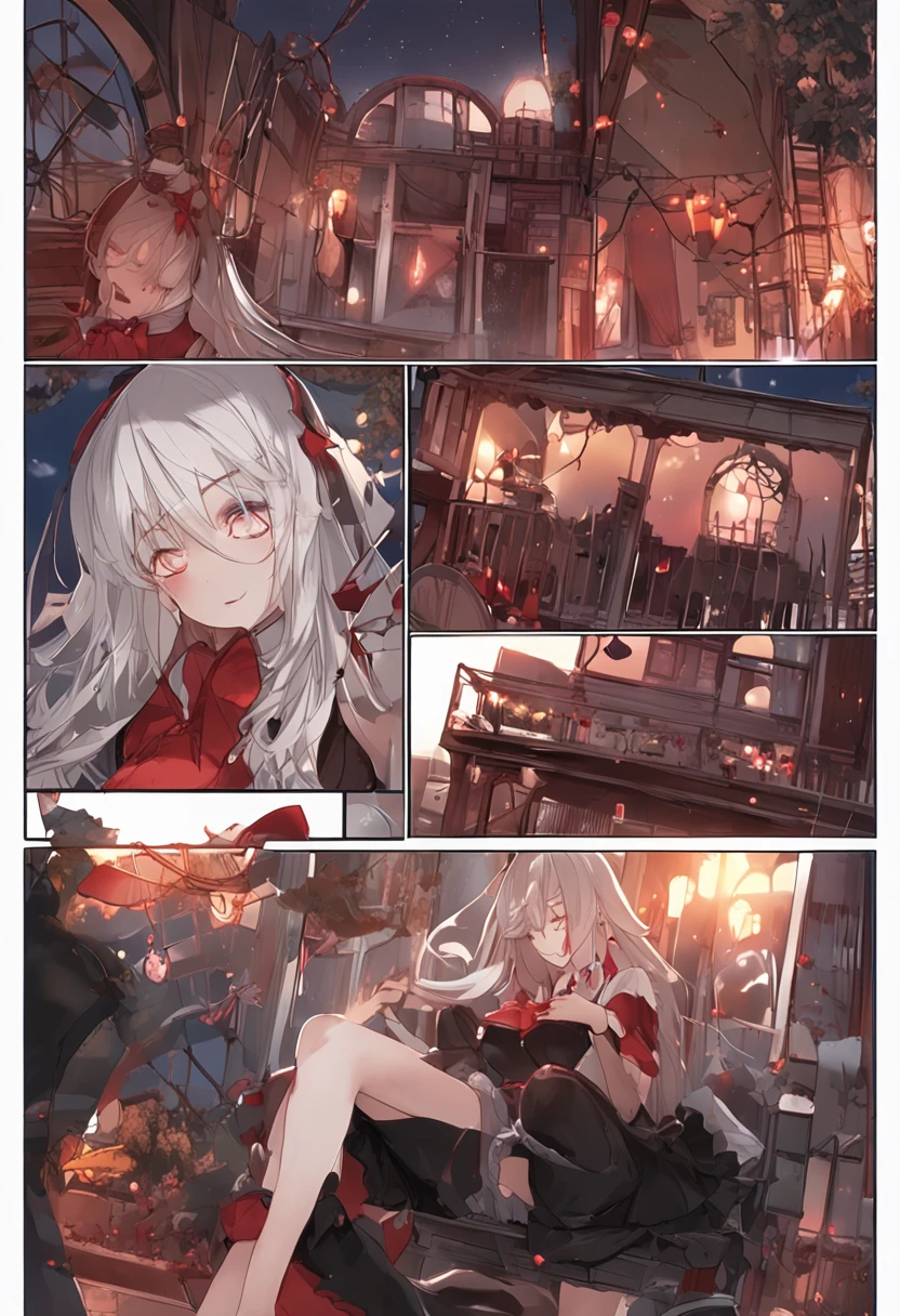 masterpiece、Top image quality、high detailing、abajour、window、(nighttime scene:1.3)、nighttime scene、(red eyes:1.4)、Delicate interior design、Longhaire、1girl in、(Boob emphasis:1.7)、(White hair)、length hair、red blush、(a beautifulchi girl)、cute little、((maikurobikini))、overknee socks、((garterbelts))、corsets、huge-breasted、(cleavage of the breast)、((A smile))、knee sox、(Long gloves:1.3)、耳环、Character Center、Kamimei、(((I can see panties)))、thigh high boots、Big buttocks、Tsuriformes、pretty pose、on the beds、Small pants、(dynamic ungle:1.5)、Blunt bangs、(high-angle:1.5)