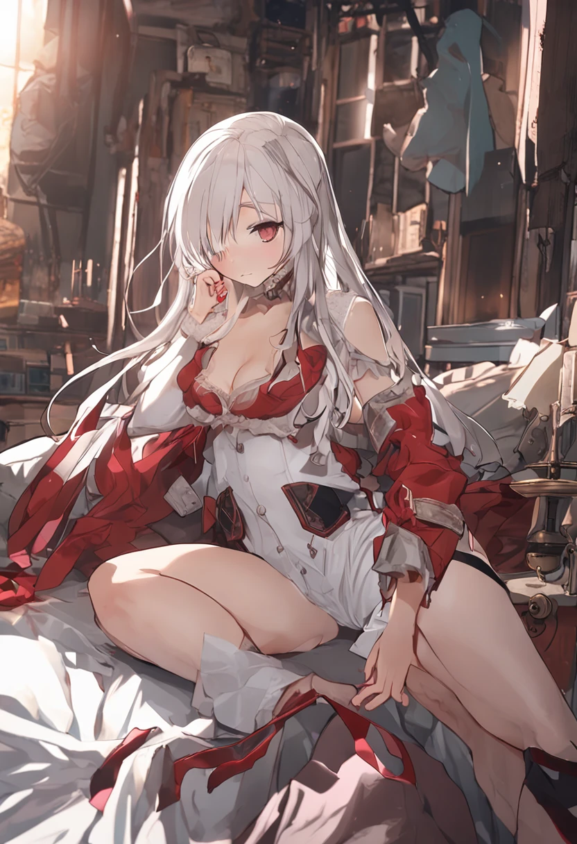 masterpiece、Top image quality、high detailing、abajour、window、(nighttime scene:1.3)、nighttime scene、(red eyes:1.4)、Delicate interior design、Longhaire、1girl in、(Boob emphasis:1.7)、(White hair)、length hair、red blush、(a beautifulchi girl)、cute little、((maikurobikini))、overknee socks、((garterbelts))、corsets、huge-breasted、(cleavage of the breast)、((A smile))、knee sox、(Long gloves:1.3)、耳环、Character Center、Kamimei、(((I can see panties)))、thigh high boots、Big buttocks、Tsuriformes、pretty pose、on the beds、Small pants、(dynamic ungle:1.5)、Blunt bangs、(high-angle:1.5)