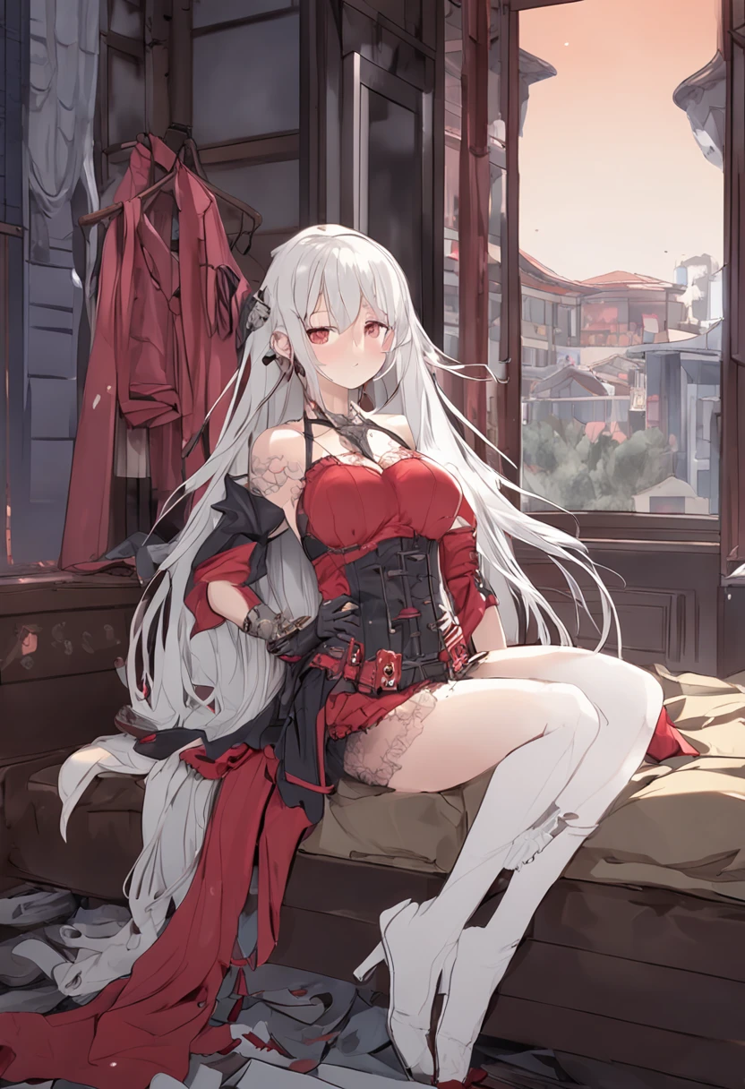 ​masterpiece、Top image quality、high detailing、abajour、window、(nighttime scene:1.3)、nighttime scene、(red eyes:1.4)、Delicate interior design、Longhaire、1girl in、(Boob emphasis:1.7)、(White hair)、length hair、red blush、(a beautifulchi girl)、cute little、((maikurobikini))、overknee socks、((garterbelts))、corsets、huge-breasted、(cleavage of the breast)、((A smile))、knee sox、(Long gloves:1.3)、耳环、Character Center、Kamimei、(((I can see panties)))、thigh high boots、Big buttocks、Tsuriformes、pretty pose、on the beds、Small pants、(dynamic ungle:1.5)、Blunt bangs、(high-angle:1.5)