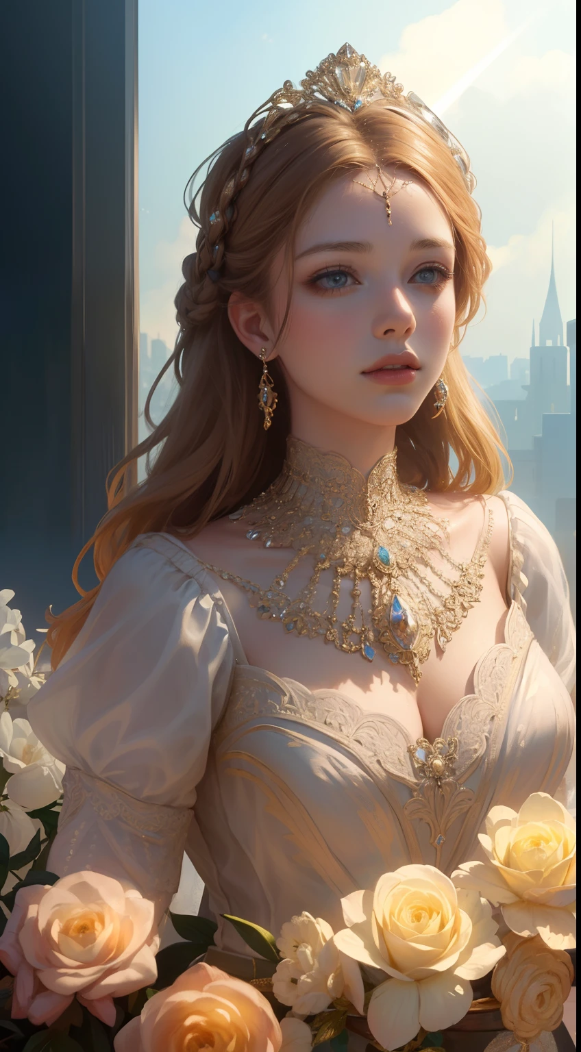 ((RAW shooting:1.5, realistic:1.5, 8K, highest quality, masterpiece, ultra high resolution)), Inside the luxurious British Royal Palace, 
professional camera work:1.3, Highly detailed skin and facial textures:1.3, glow light effect, Super detailed:1.3, 
cute 15 year old swedish princess, Fair skin, Glossy skin, (elegant:1.4, small face), Ultimate Cute Face:1.5, (cute eyes:0.9, looking far away), smile:1.0, (mouth is slightly open:0.4, 
Clean and refreshing taste:0.7), ((long blonde curly hair, hair up)), tiara, necklace and earrings, 
((How to properly wear an elegant and string lingerie with an off-shoulder look)), big breasts, 
cowboy shot, ((sunrise, sunlight shining, Strong sunlight spreads across the screen:1.6)), ((Strong sunlight shines on a woman:1.7)), side shot