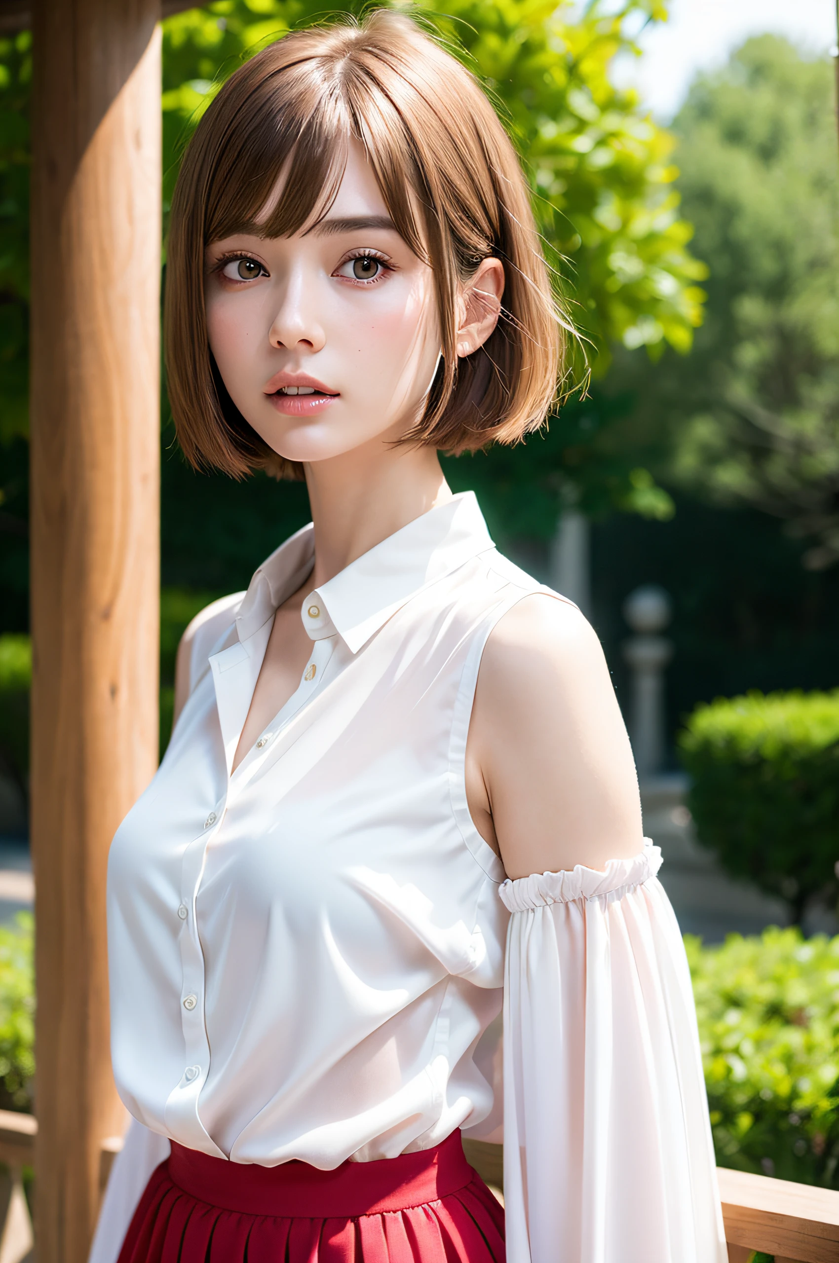 ((Best Quality, 8K, masutepiece: 1.3)), (Sharp Focus: 1.2), 1 girl, Neat and clean beauty, 20 years old, Japanese, Classy and elegant, A pretty girl with perfect figure, Cute, Shy, ((Medium hair swaying in the wind)), Big breasts, (Blouse: 1.1), Skirt, Highly detailed face and skin texture, Detailed eyes, Tranquil countryside covered in a blanket of blooming flowers