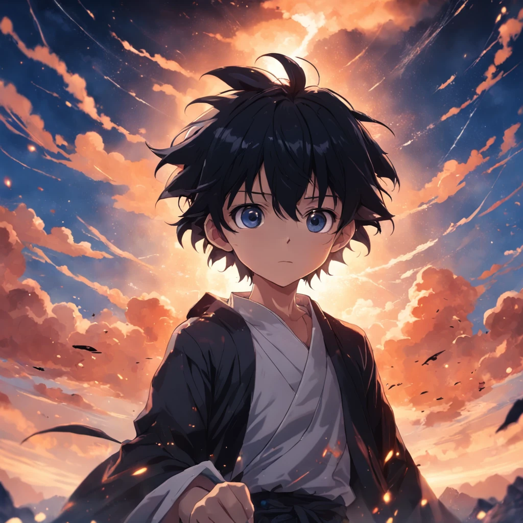 tmasterpiece,best qualtiy,cinematic Film still from,1boy,Cloud Boy,black color hair,Floating in the sky,closeup cleavage,brightly,cheerfulness,Warm and soft lighting,the sunset,(spark of light:0.7)