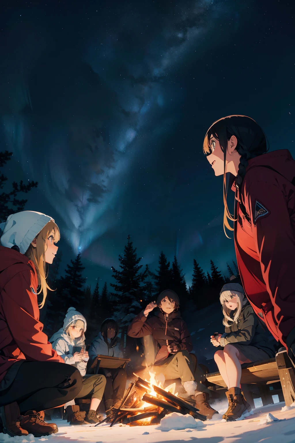 4 people, friend, camp, bonfire, looking up at the starry sky, winter, low angle, starry sky on one side, excited, anime, beautiful woman, aurora