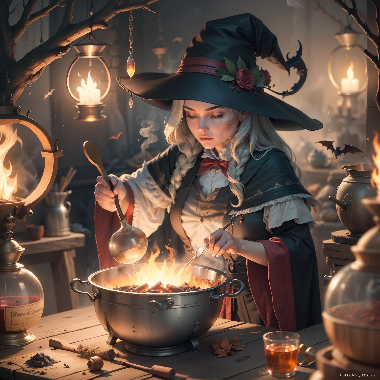 In the corner of the image, an iron cauldron hanging over the fire emits colorful and mysterious smoke. The witch is busy brewing a potion, stirring it with a wooden spoon, while muttering words in an ancient language. Ingredients like gnarled roots, bat wings, and dried herbs are laid out around you, awaiting your use.perfect