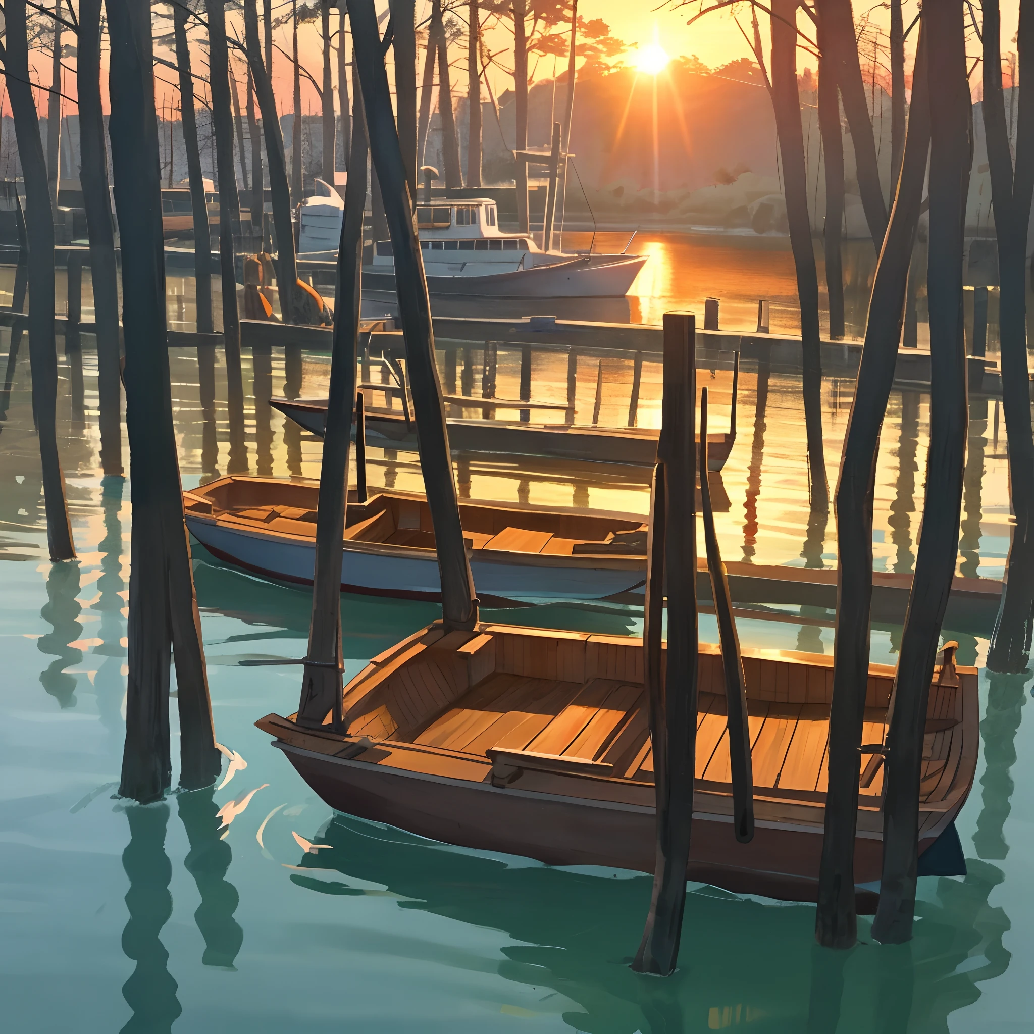 There are small boats and woods on the lake at sunset
