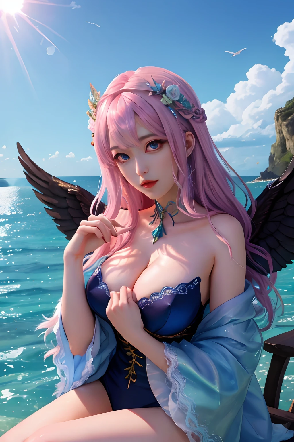 masutepiece, High resolution, 8K, anime woman, Delicate and detailed writing 、Detailed digital illustration、detaileds、very long silver and pale pink hair,,、albedo、Succubus、Black wings、独奏、big cute eye、The pupil is a blue pupil、The inside of the eye sparkles like a diamond、A little erotic、large black feathers、high-level image quality、细致背景、Invisible chest、The corners are black、Black wings、Very pretty woman、Be realistic、Blue roses near the corner、Realistic Woman、high-level image quality、Very beautiful sea background、Soft Focus , Light gradient watercolor , Lens Flare , Glitter , Glow , Dreamy ,swim wears