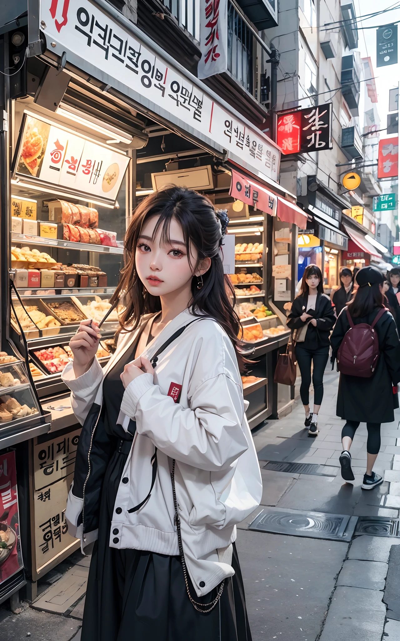 a woman standing in front of a food stand in a busy street, korean girl, ulzzang, beautiful south korean woman, chinese girl, popular south korean makeup, korean women's fashion model, popular korean makeup, beautiful young korean woman, japanese city street fashion, korean woman, japanese streetwear, korean symmetrical face, gorgeous young korean woman, anime girl in real life