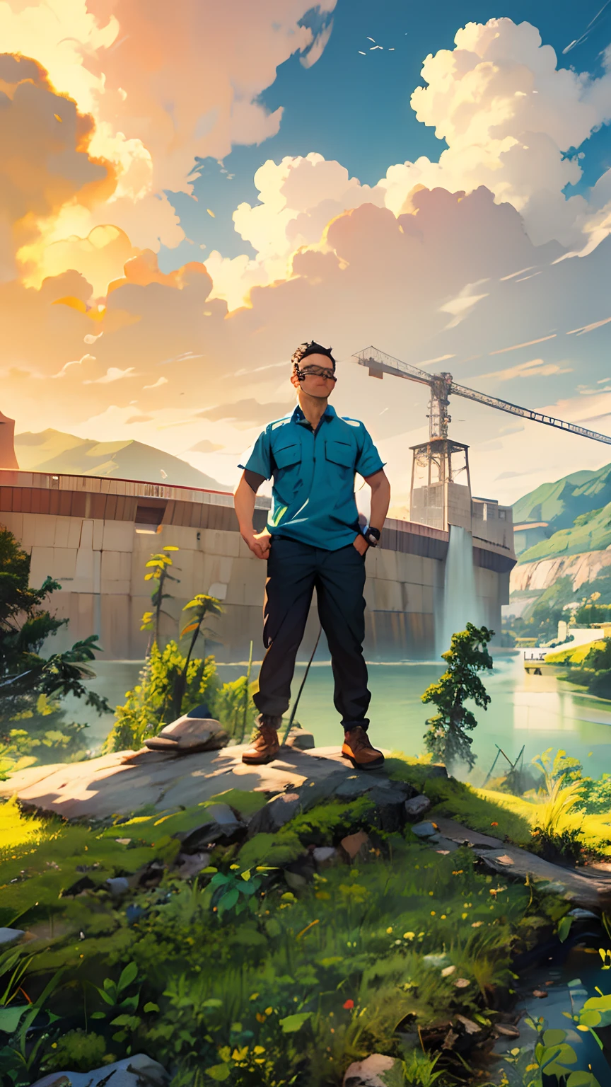 Civil engineer man wearing glasses standing on a rock in front of a dam