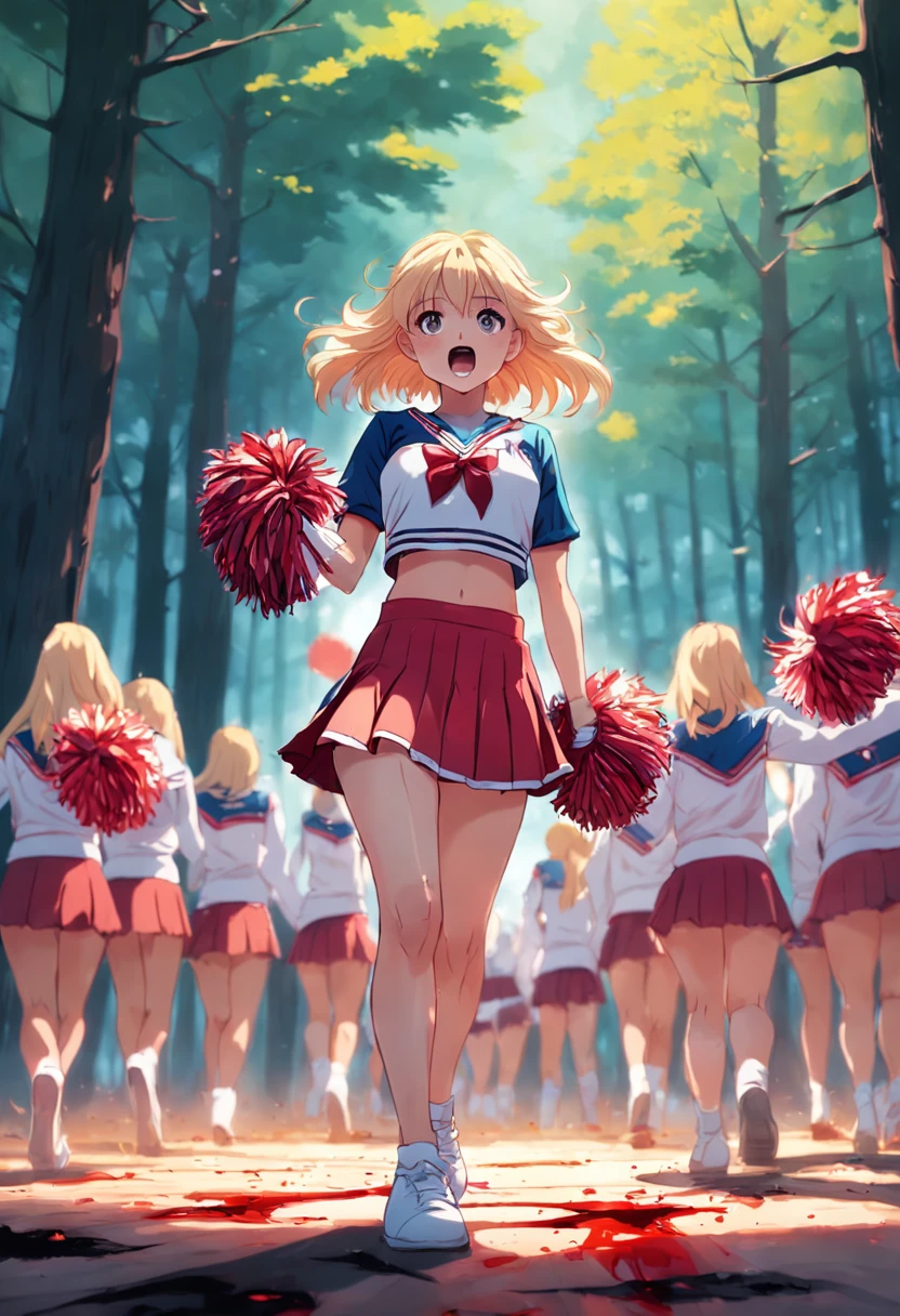 wounded bloody sexy cheerleader walks in woods